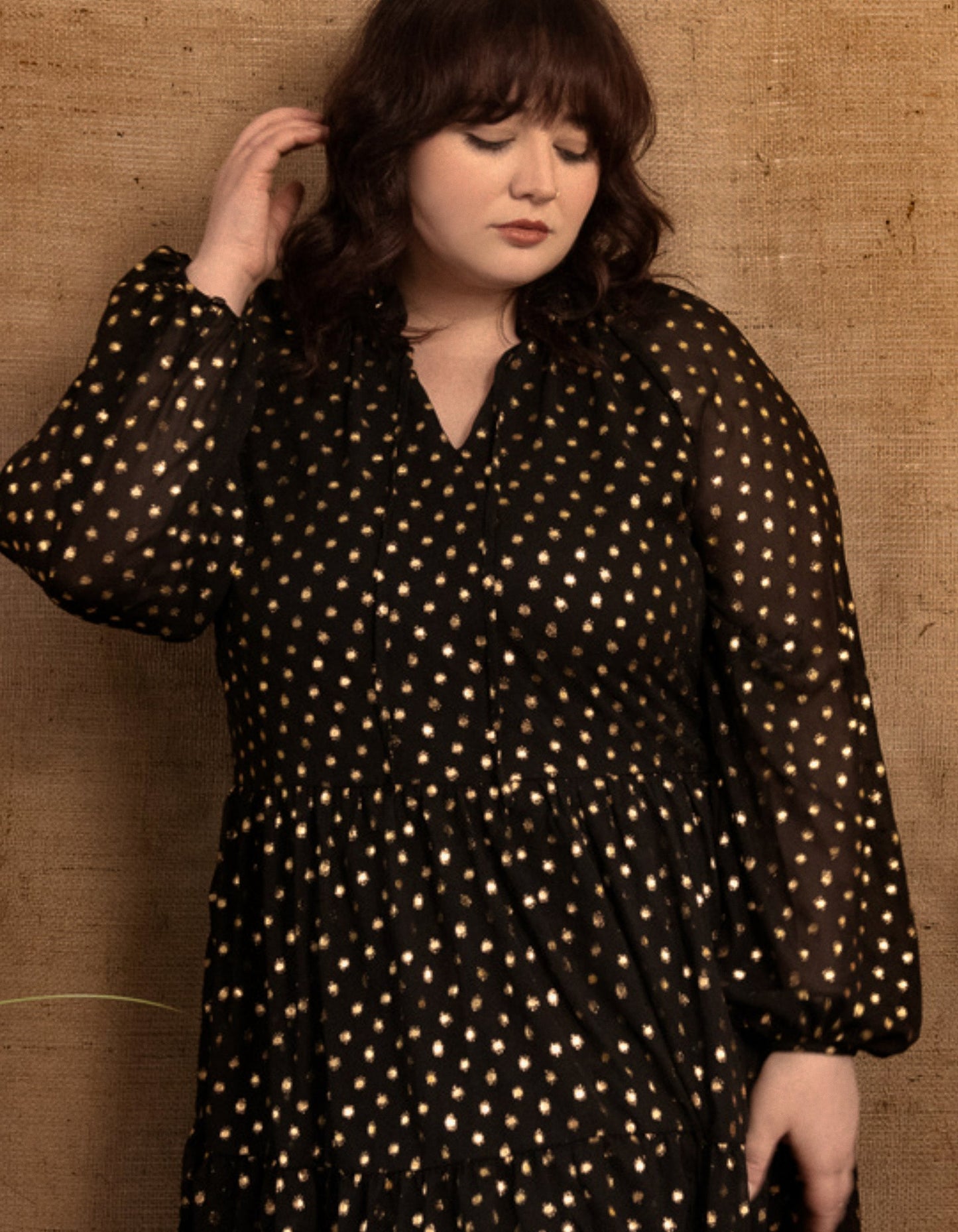 Louane Dress Tiered Tie Dot Gold Black (Sizes: XS-1X) (Sale Price: $49.30 CAD)
