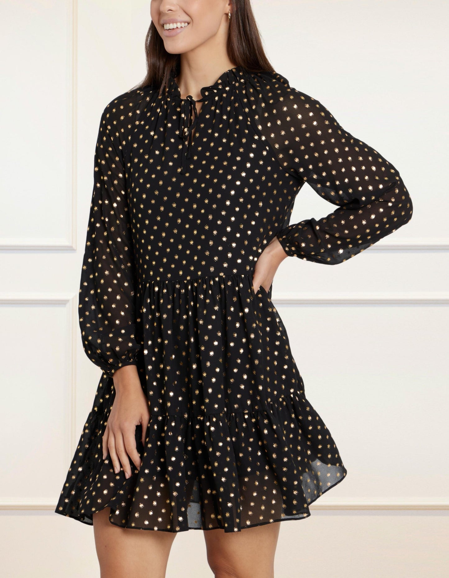 Louane Dress Tiered Tie Dot Gold Black (Sizes: XS-1X) (Sale Price: $49.30 CAD)