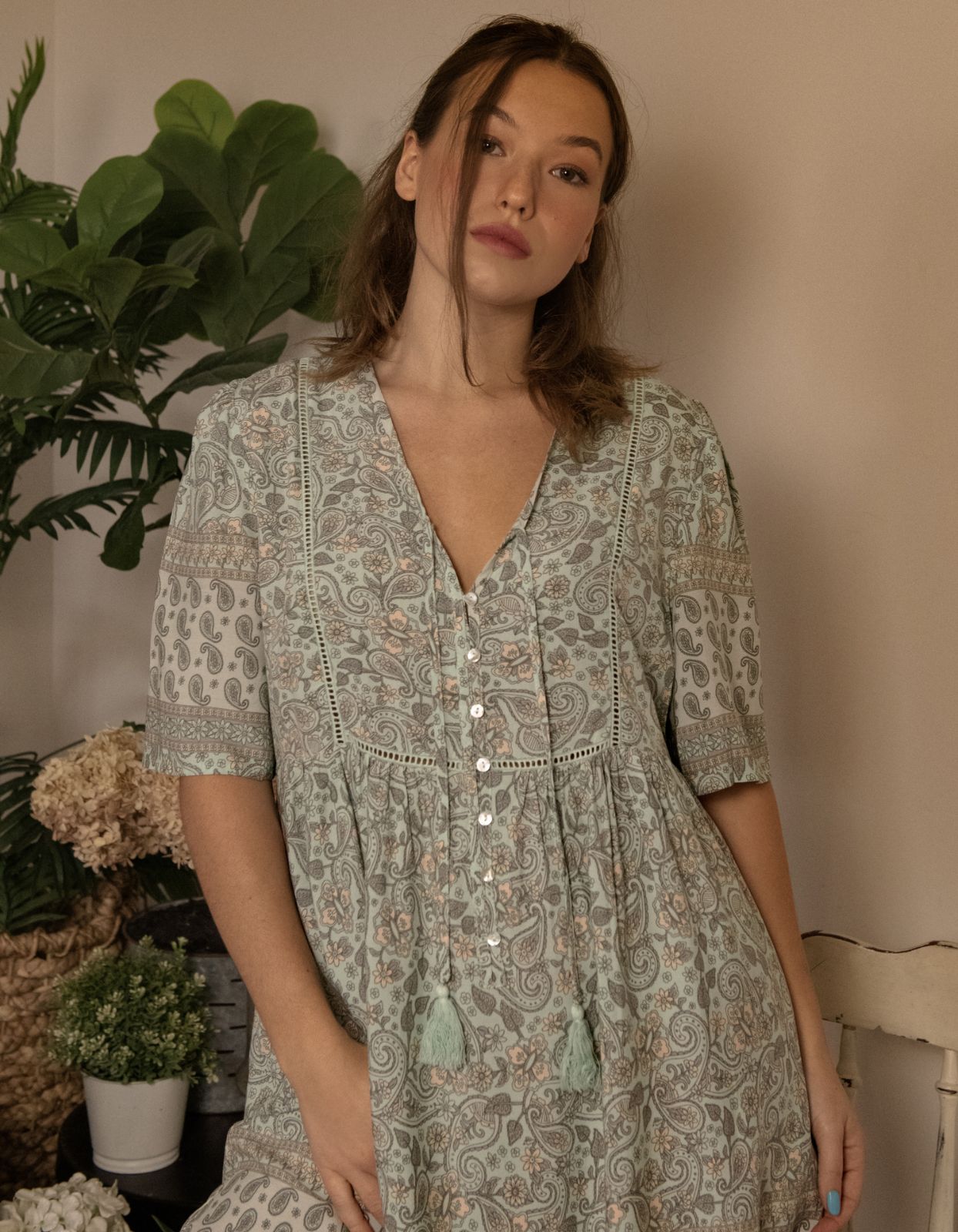 Nelly Dress A-line Bohemian Print Tassels with Mother of Pearl Buttons - Green (Sizes: XS-1X)