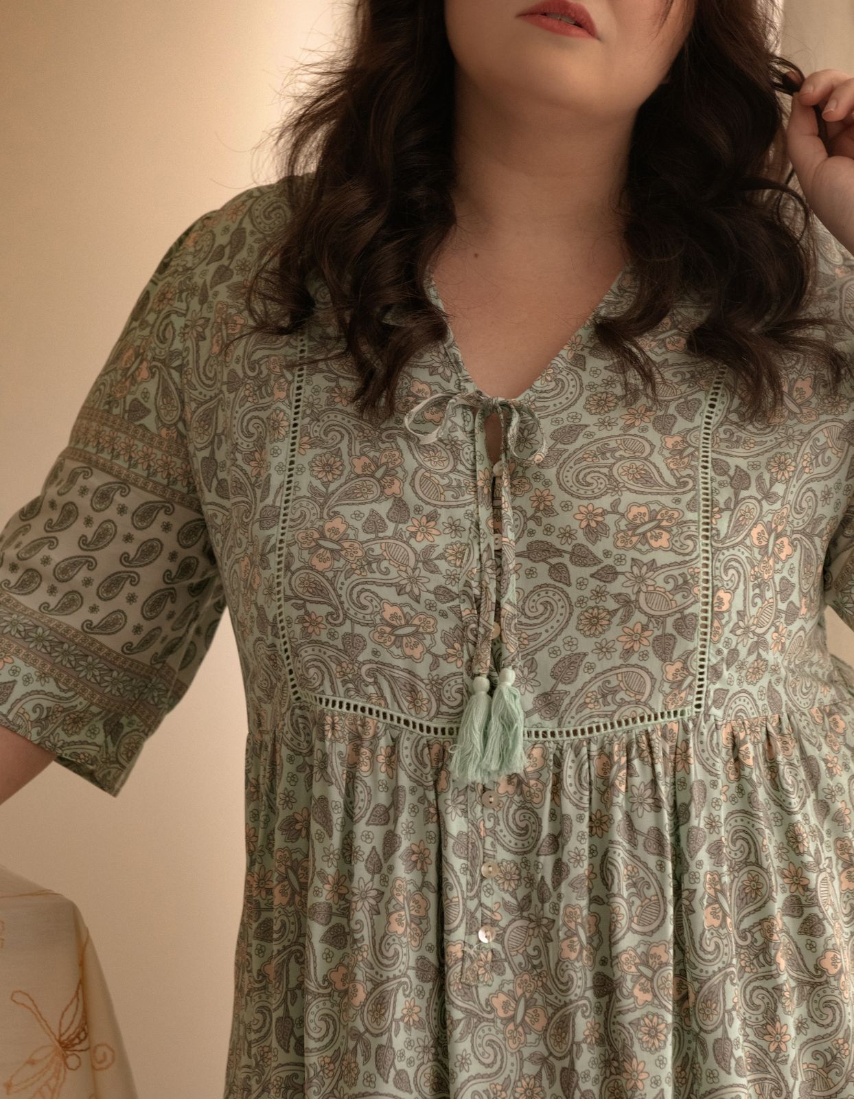 Nelly Dress A-line Bohemian Print Tassels with Mother of Pearl Buttons - Green (Sizes: XS-1X)