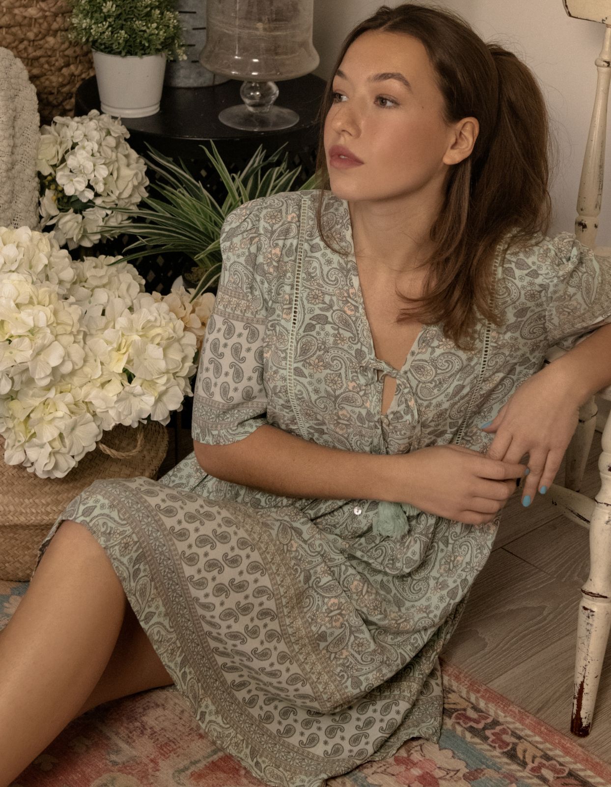 Nelly Dress A-line Bohemian Print Tassels with Mother of Pearl Buttons - Green (Sizes: XS-1X)