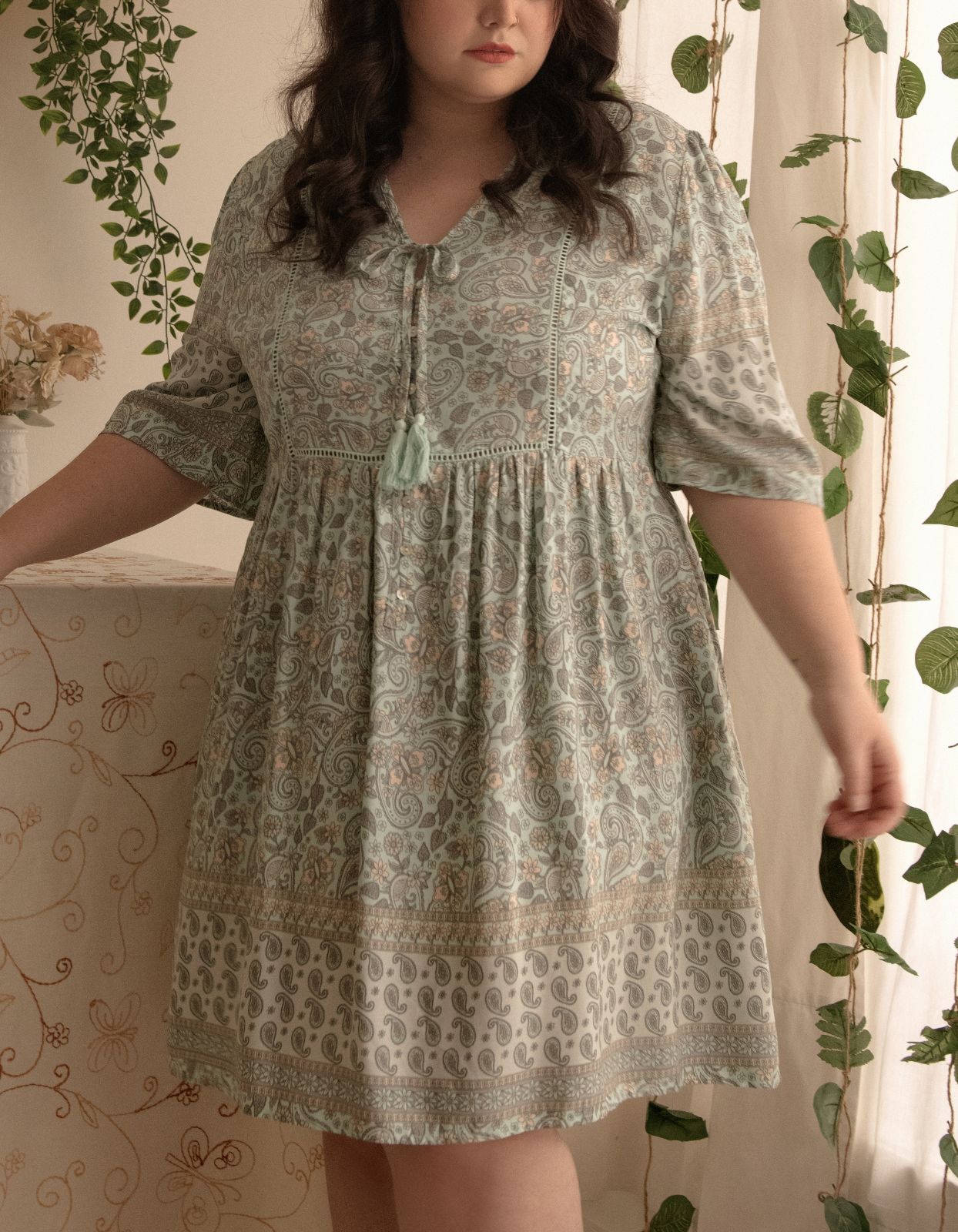 Nelly Dress A-line Bohemian Print Tassels with Mother of Pearl Buttons - Green (Sizes: XS-1X)