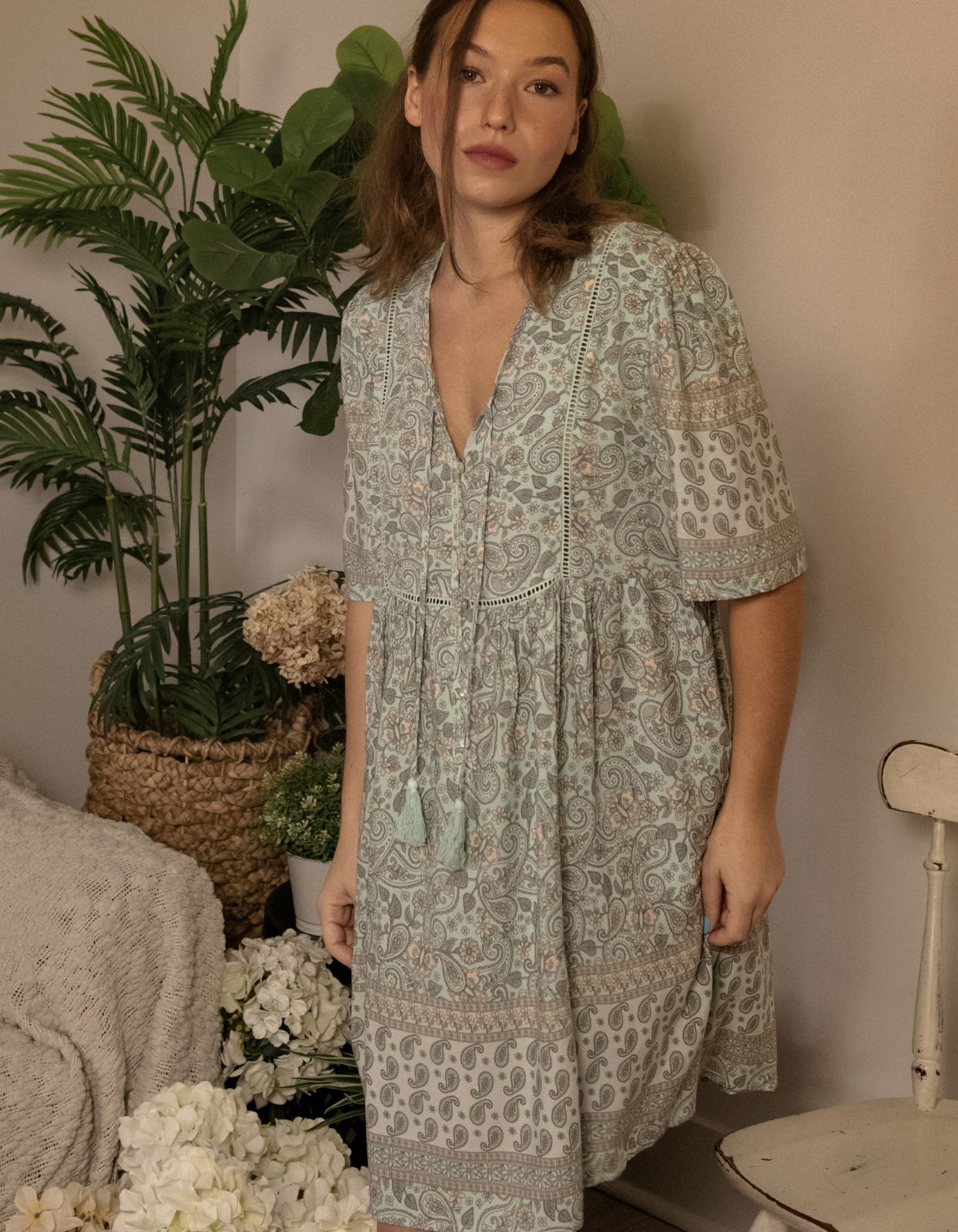 Nelly Dress A-line Bohemian Print Tassels with Mother of Pearl Buttons - Green (Sizes: XS-1X)