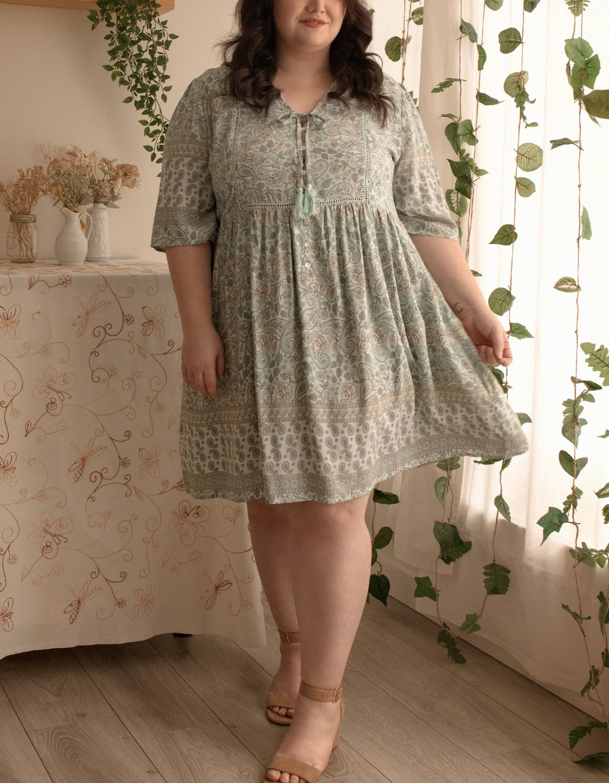 Nelly Dress A-line Bohemian Print Tassels with Mother of Pearl Buttons - Green (Sizes: XS-1X)