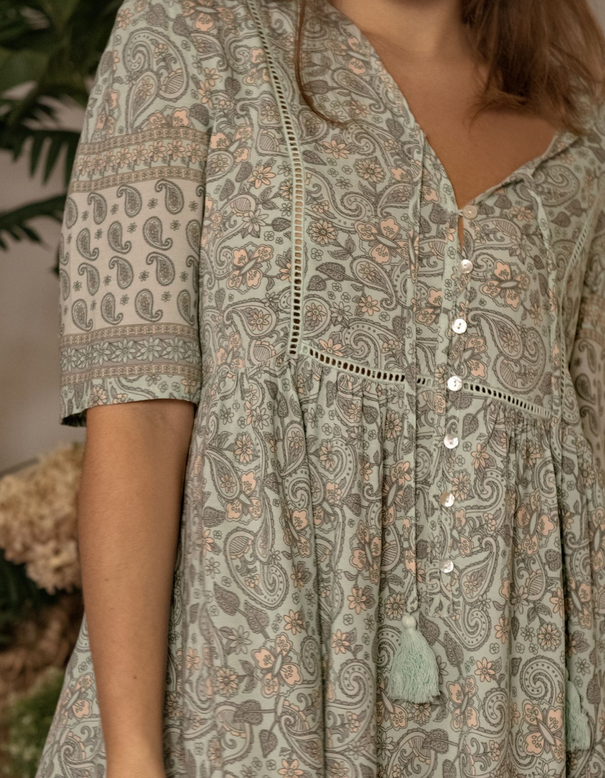 Nelly Dress A-line Bohemian Print Tassels with Mother of Pearl Buttons - Green (Sizes: XS-1X)