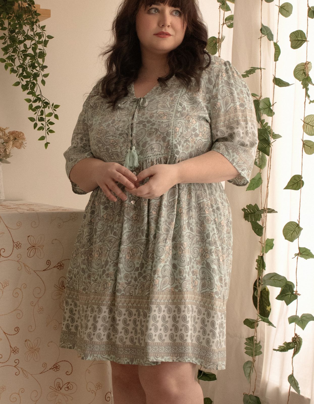 Nelly Dress A-line Bohemian Print Tassels with Mother of Pearl Buttons - Green (Sizes: XS-1X)
