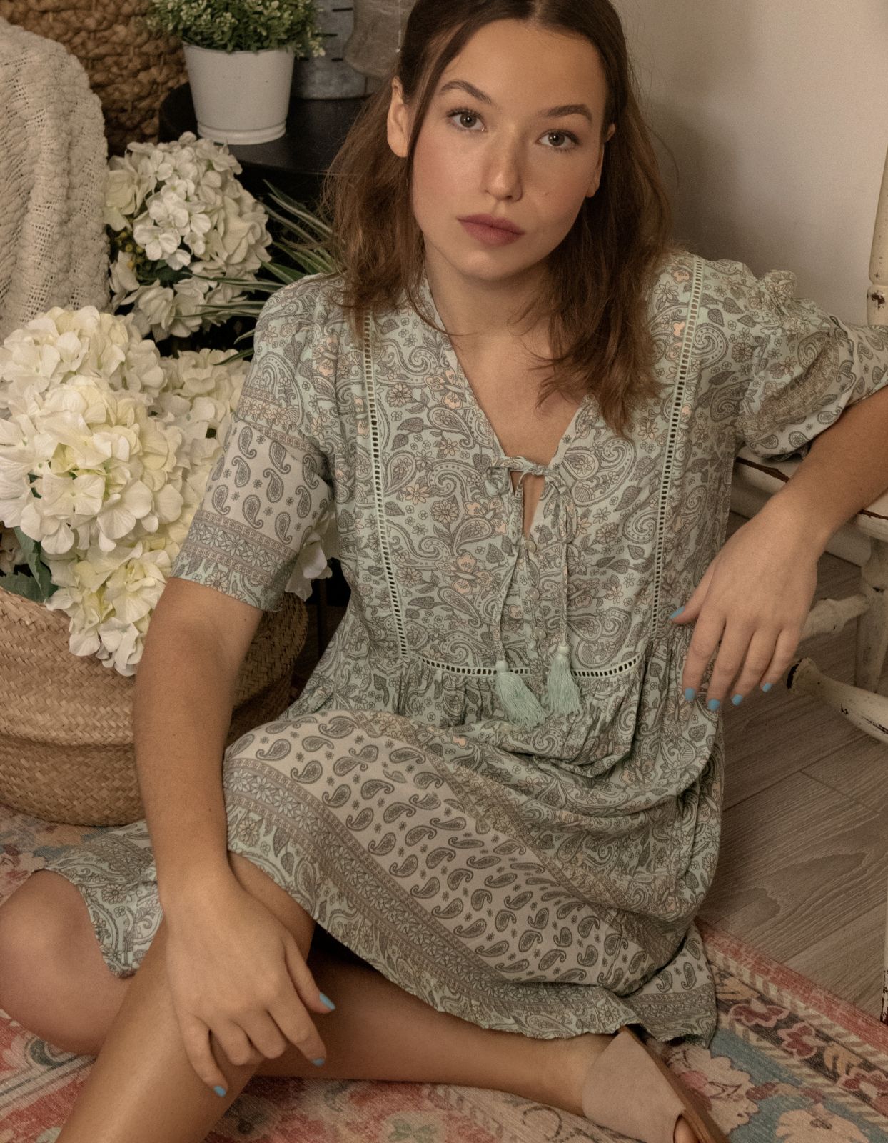 Nelly Dress A-line Bohemian Print Tassels with Mother of Pearl Buttons - Green (Sizes: XS-1X)