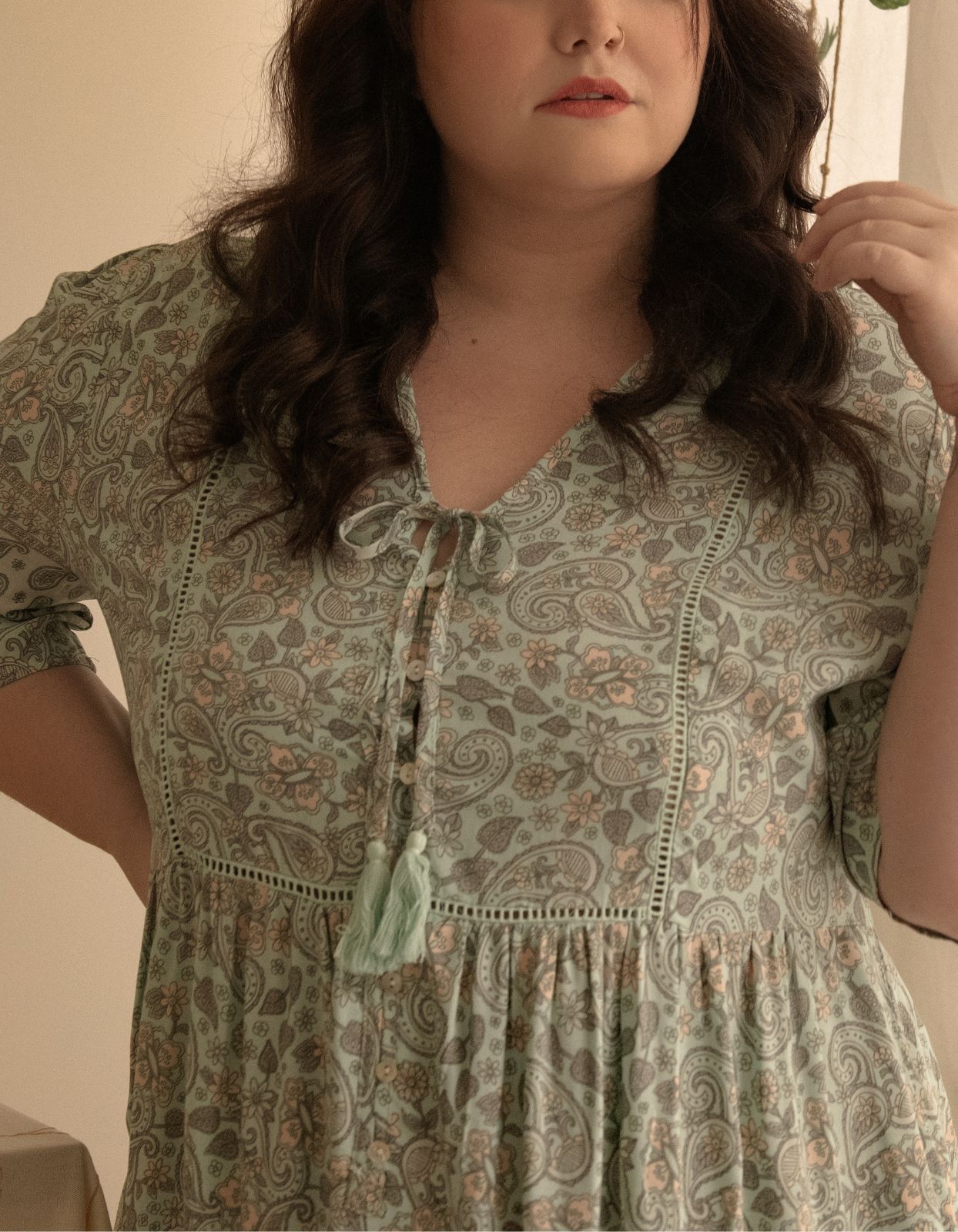 Nelly Dress A-line Bohemian Print Tassels with Mother of Pearl Buttons - Green (Sizes: XS-1X)