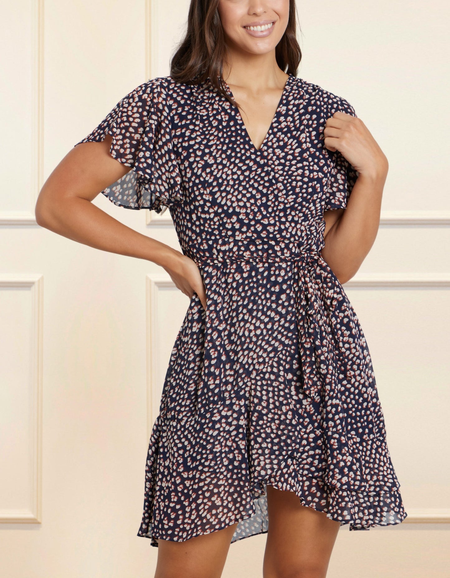 Romane Dress Cross-Over Wrap Printed Navy (Sale Price: $71.39 CAD)