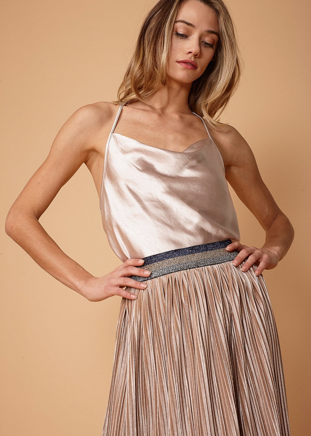 Women's Satin Draped Neck Bodysuit in Champagne | Polyester Rayon (Sizes: XS-L) (Sale Price: $108.90 CAD)