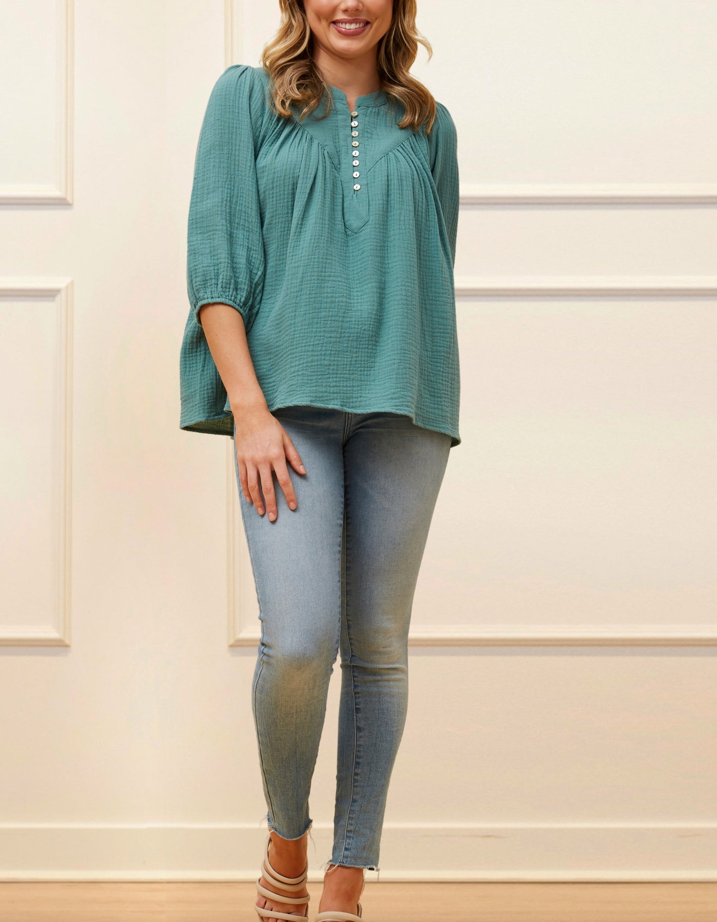 Hilone Blouse Cotton Gauze Lantern Sleeves (Sale Price: $64.59 CAD)