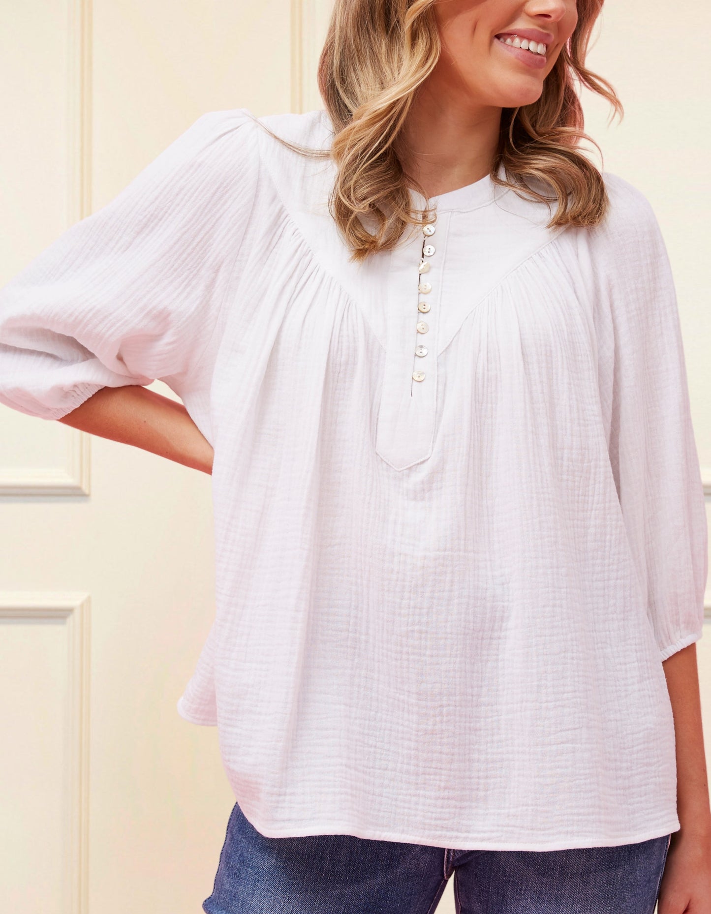 Hilone Blouse Cotton Gauze Lantern Sleeves (Sale Price: $64.59 CAD)