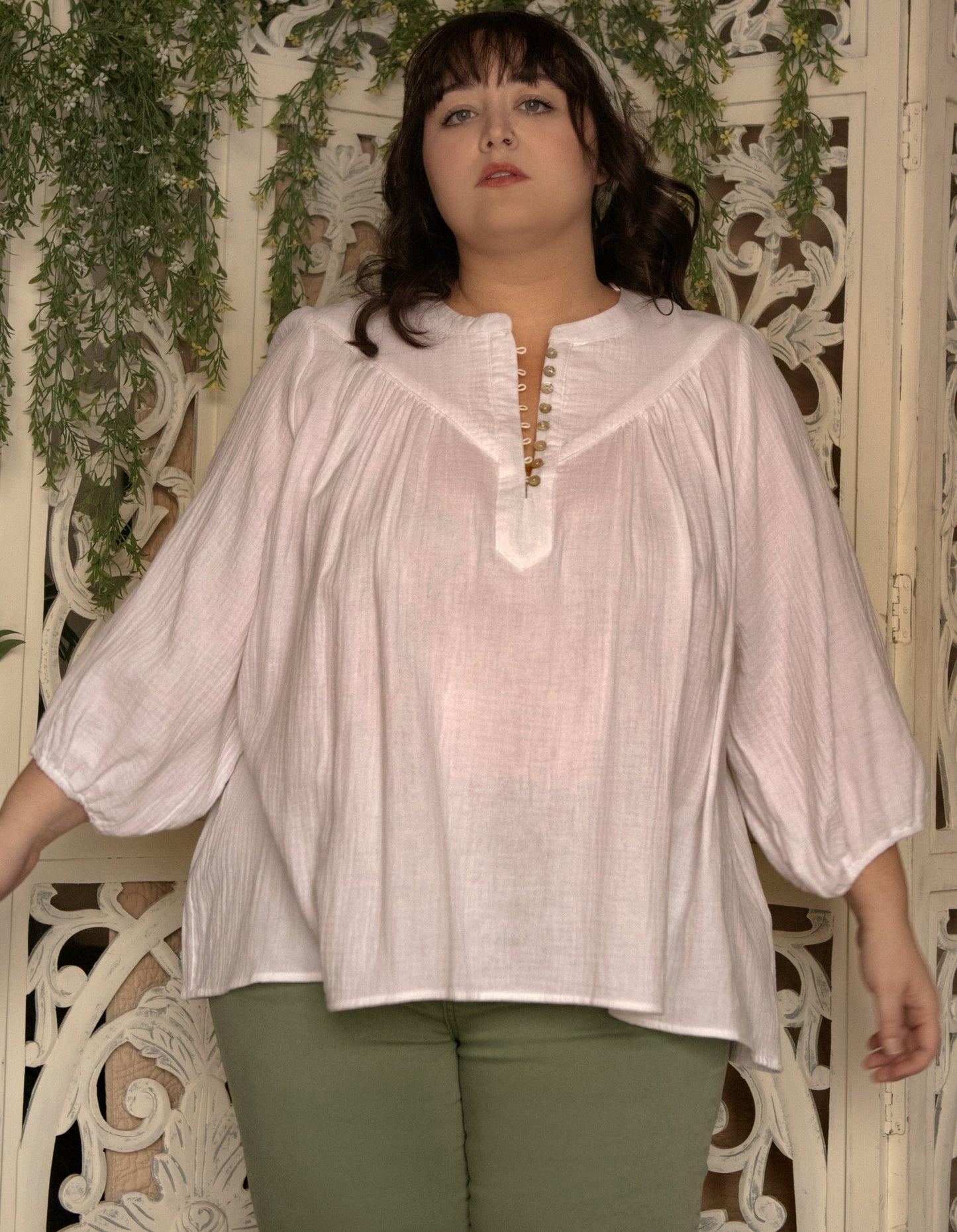 Hilone Blouse Cotton Gauze Lantern Sleeves (Sale Price: $64.59 CAD)