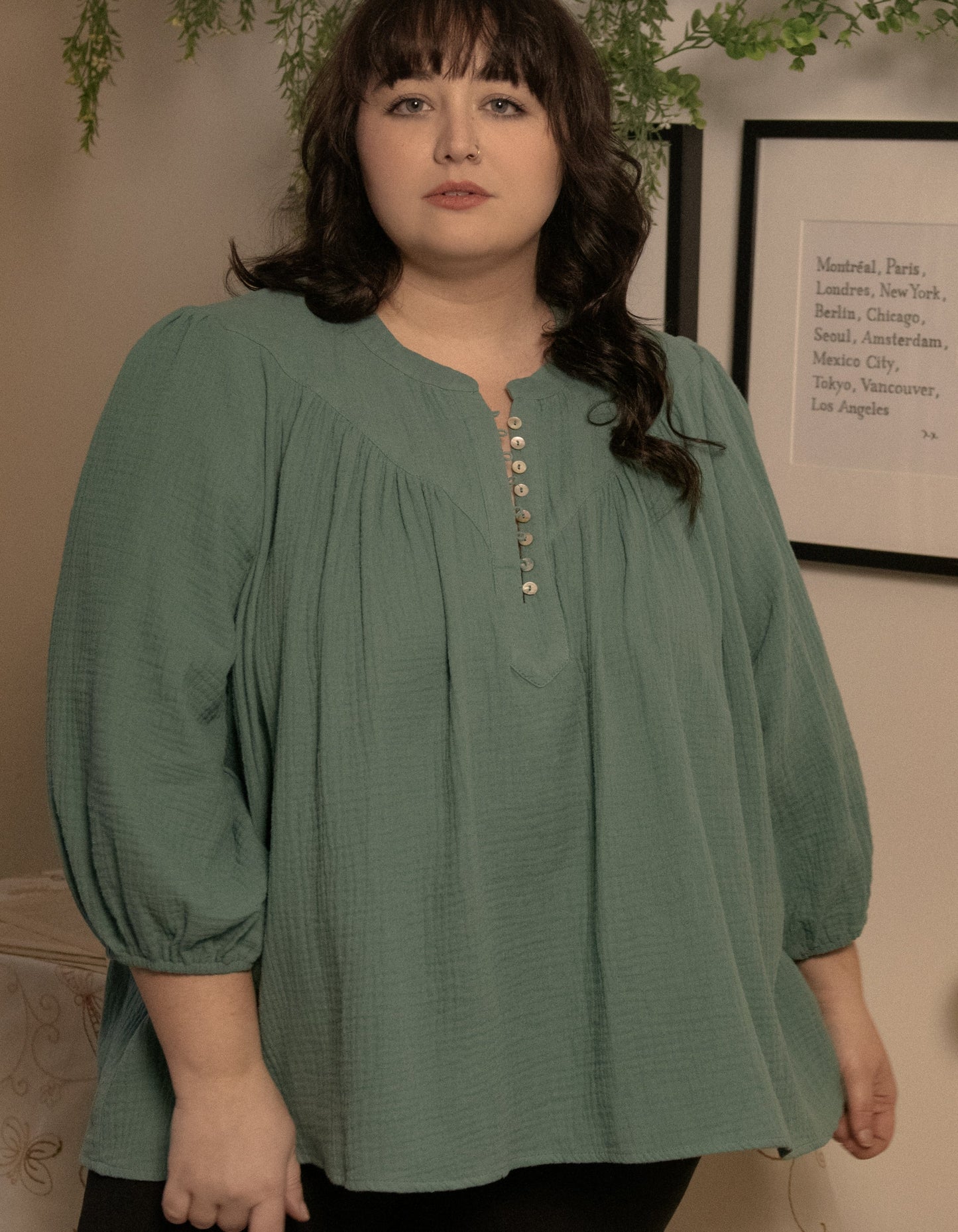 Hilone Blouse Cotton Gauze Lantern Sleeves (Sale Price: $64.59 CAD)