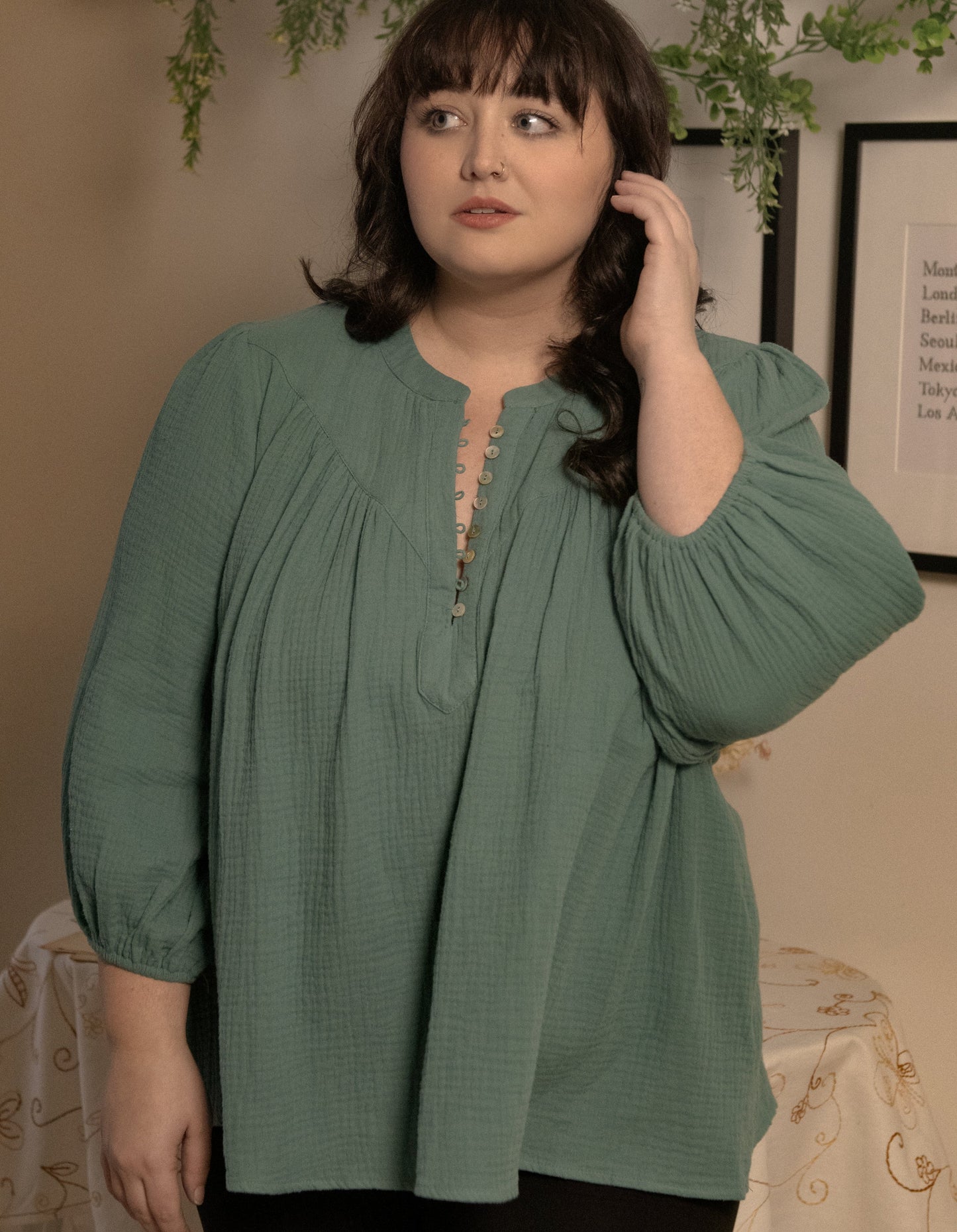 Hilone Blouse Cotton Gauze Lantern Sleeves (Sale Price: $64.59 CAD)