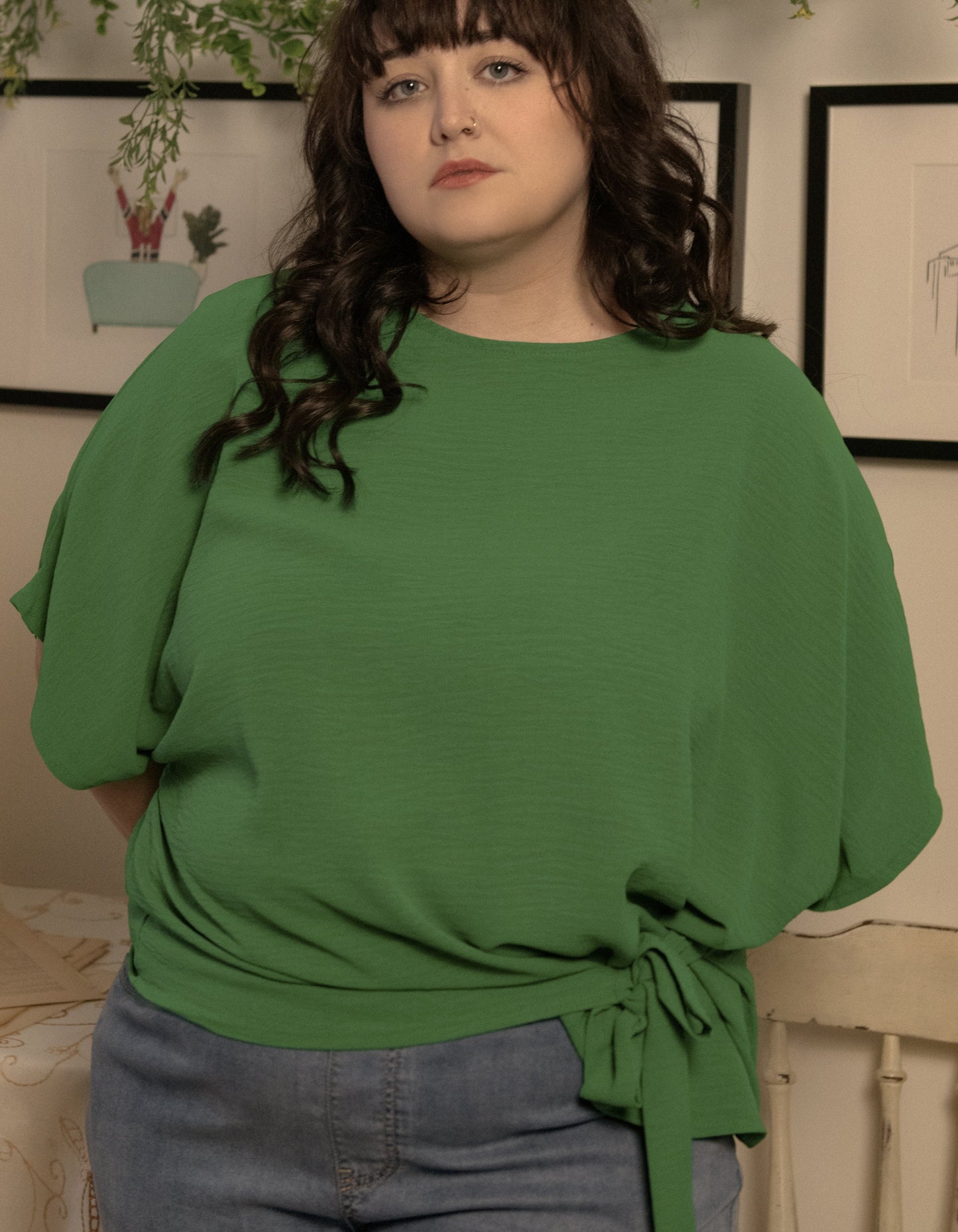 Leslie Top Loose Short Sleeves Knot To Tie - Green (Sizes: XS- 1X) (Sale Price: $42.49 CAD)