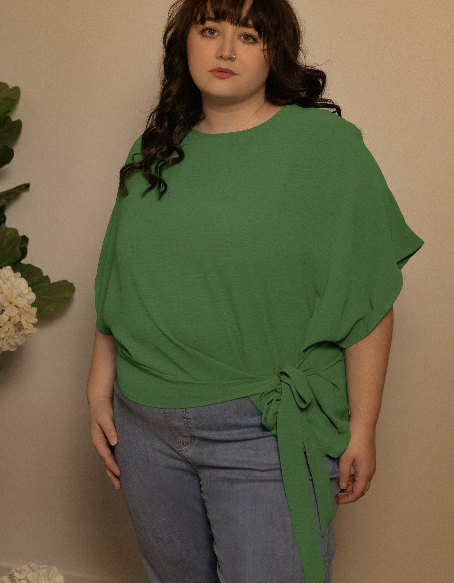Leslie Top Loose Short Sleeves Knot To Tie - Green (Sizes: XS- 1X) (Sale Price: $42.49 CAD)