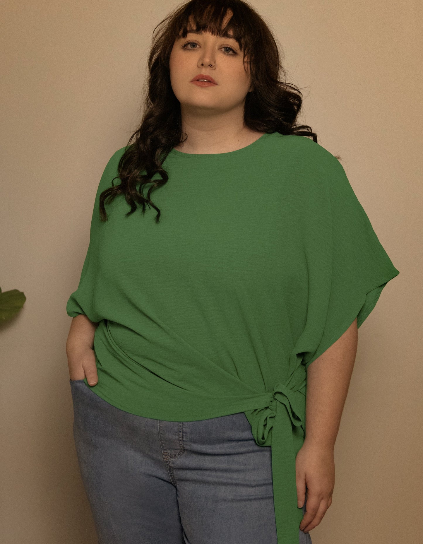 Leslie Top Loose Short Sleeves Knot To Tie - Green (Sizes: XS- 1X) (Sale Price: $42.49 CAD)