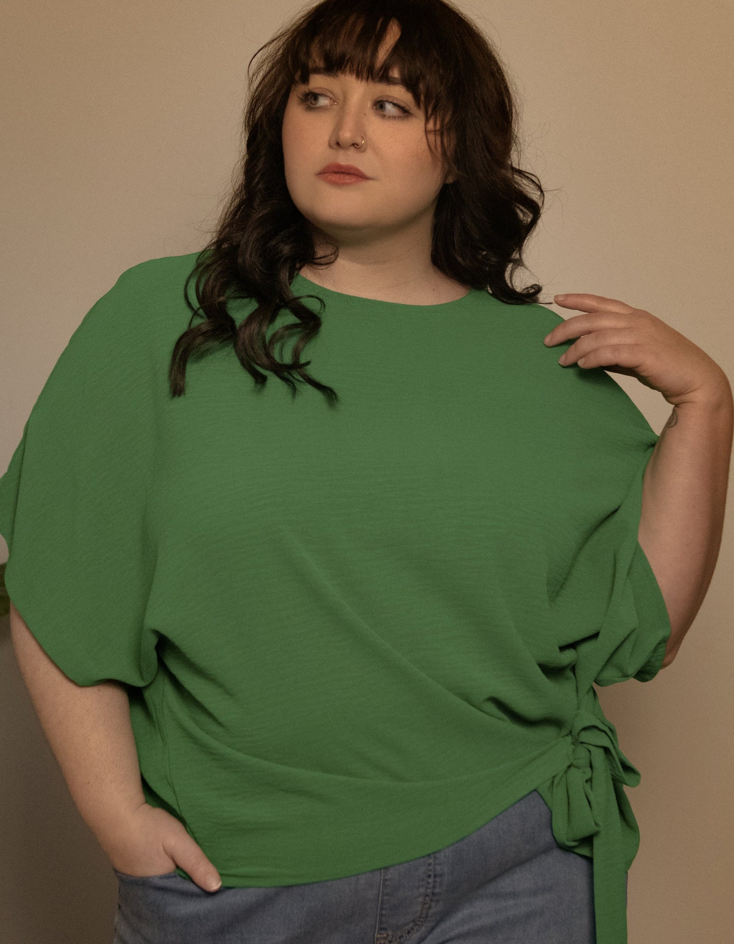 Leslie Top Loose Short Sleeves Knot To Tie - Green (Sizes: XS- 1X) (Sale Price: $42.49 CAD)