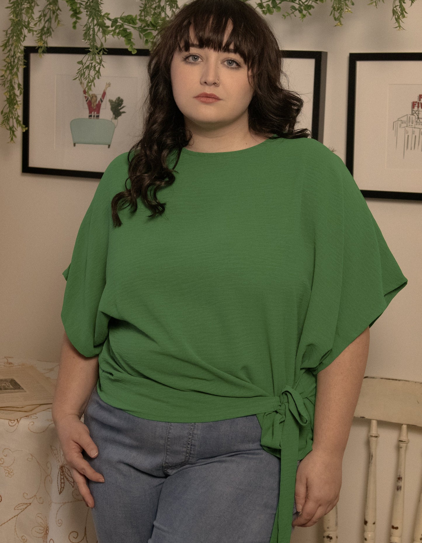 Leslie Top Loose Short Sleeves Knot To Tie - Green (Sizes: XS- 1X) (Sale Price: $42.49 CAD)