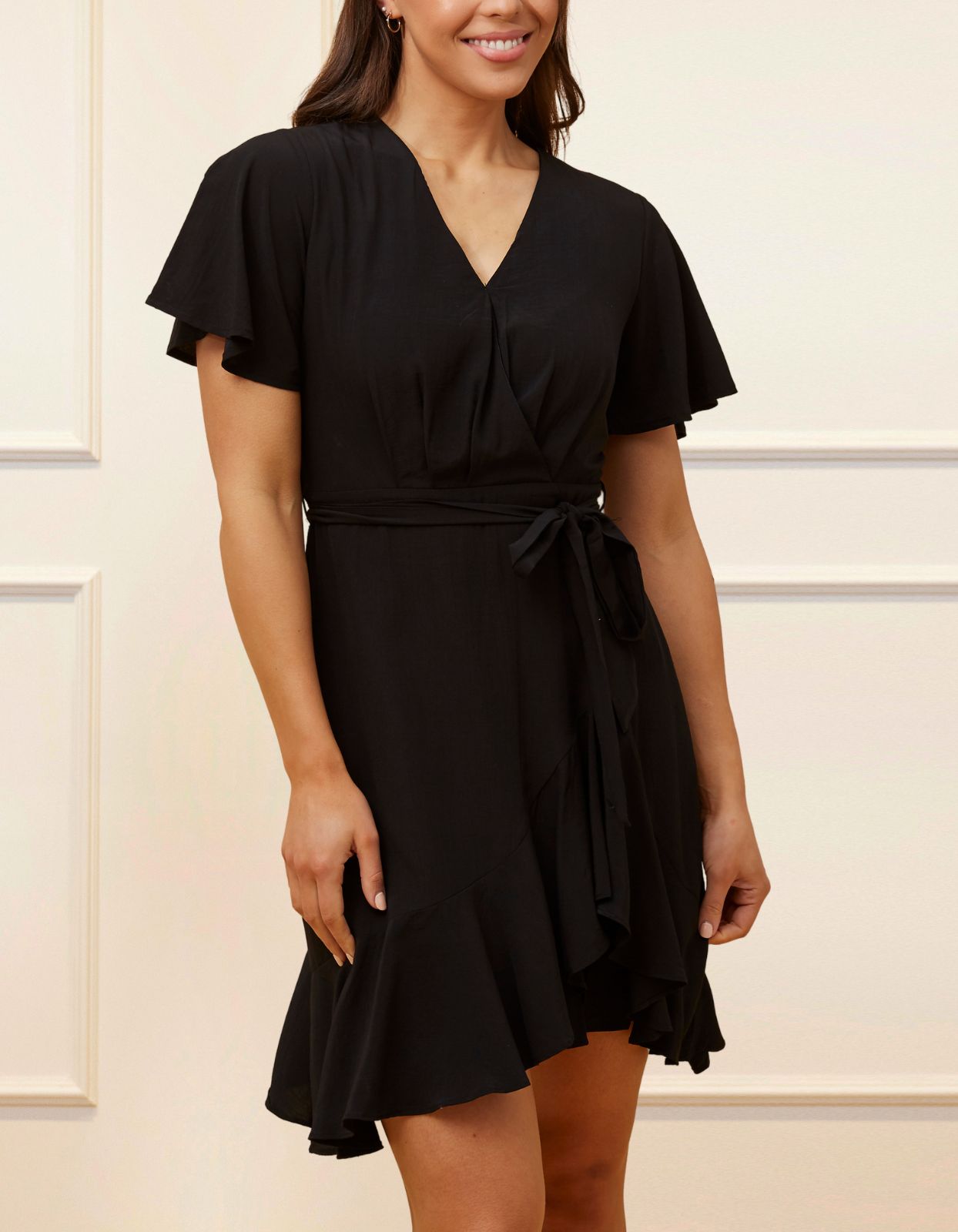 Lilou Dress Cross-Over Angle Flutter Sleeves (Sale Price: $72.24 CAD)