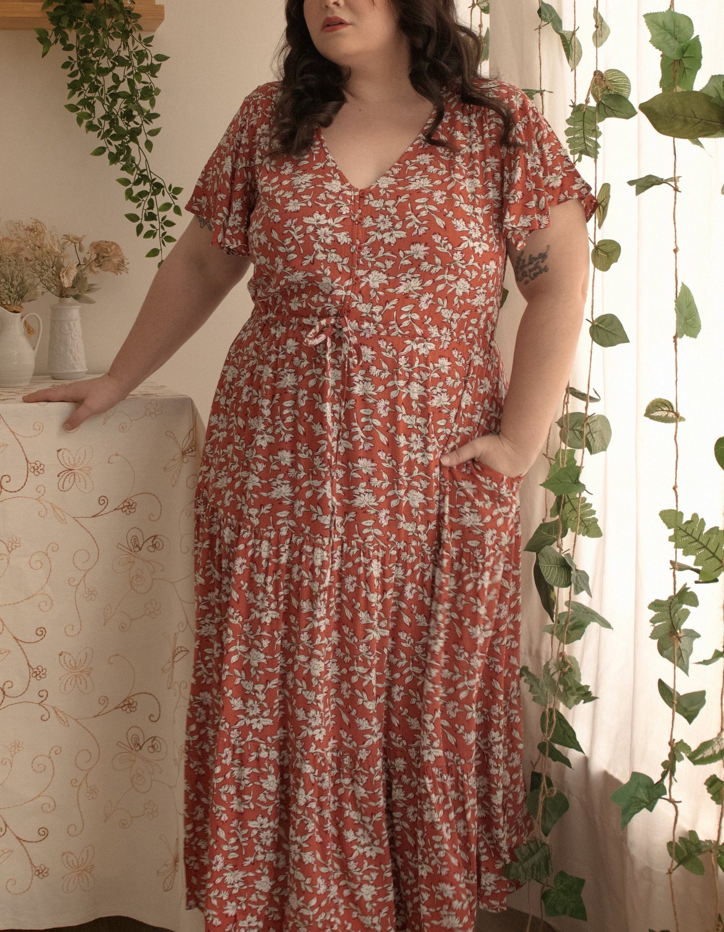 Lysandre Midi Dress Floral Print Rust - 100% Viscose (Sizes: XS-1X) (Sale Price: $68.85 CAD)