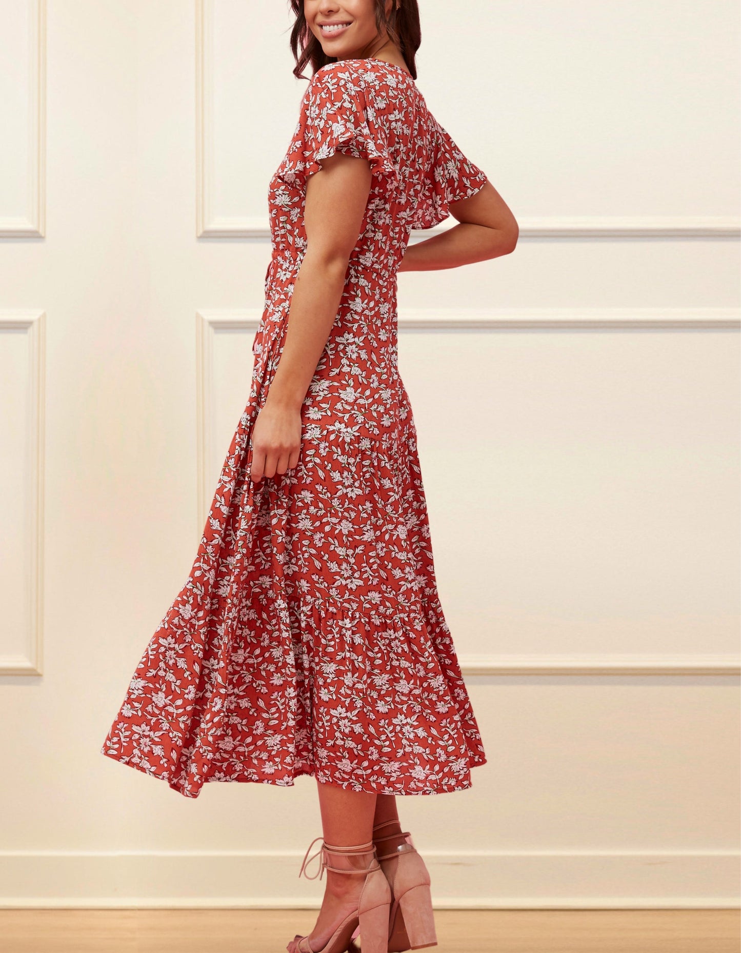 Lysandre Midi Dress Floral Print Rust - 100% Viscose (Sizes: XS-1X) (Sale Price: $68.85 CAD)