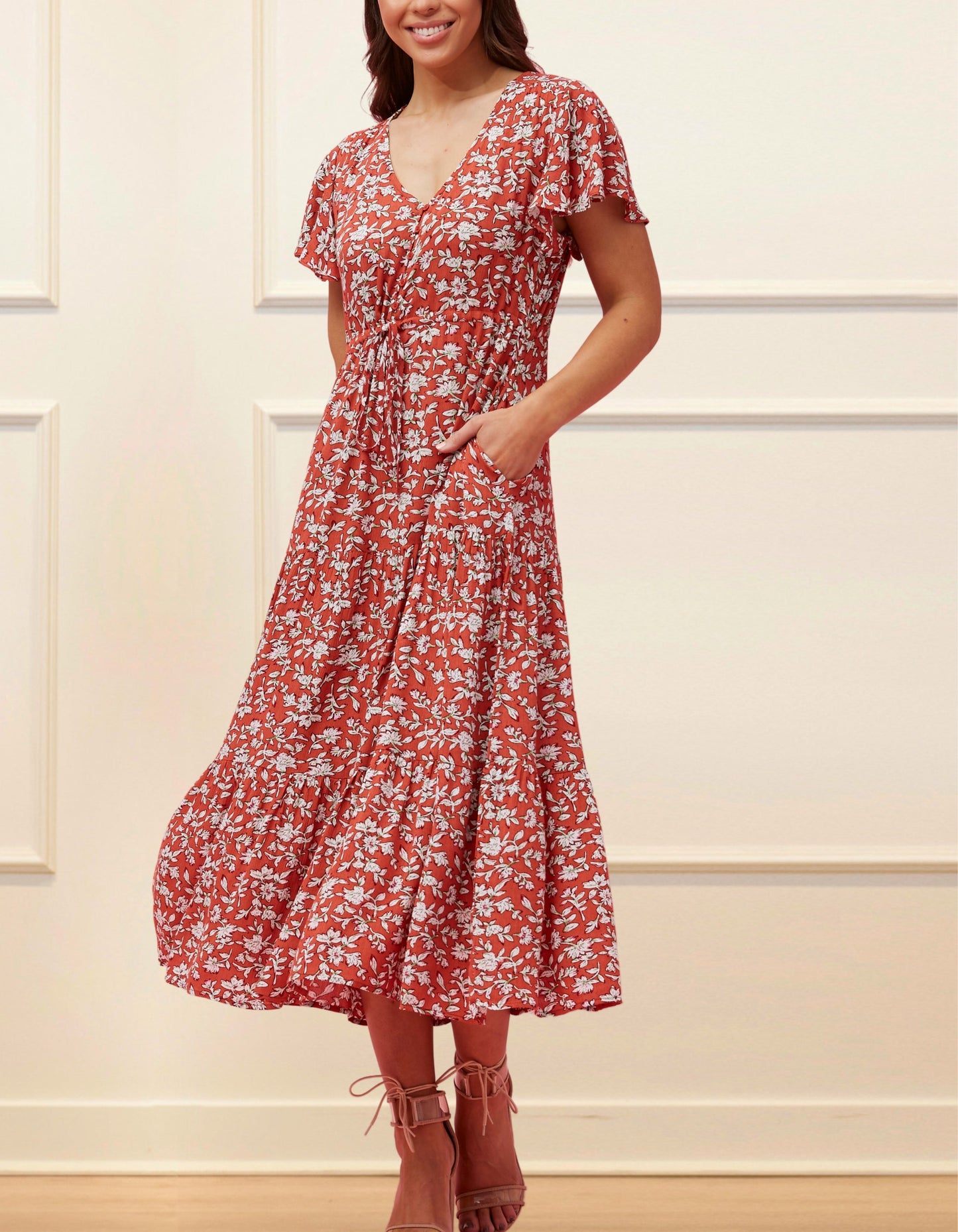 Lysandre Midi Dress Floral Print Rust - 100% Viscose (Sizes: XS-1X) (Sale Price: $68.85 CAD)
