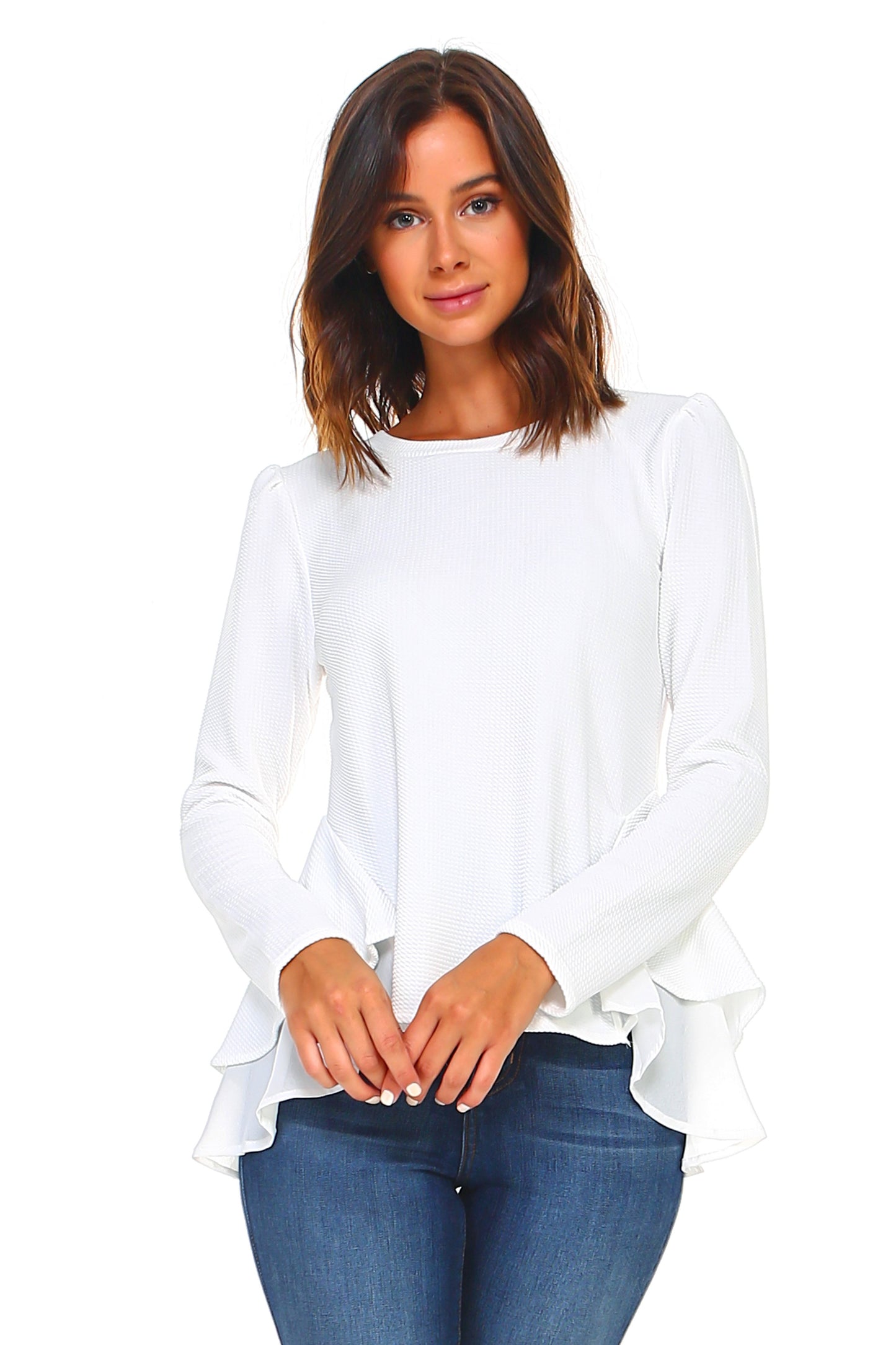 Women's Long Sleeve Ruffle Top (White or Black)