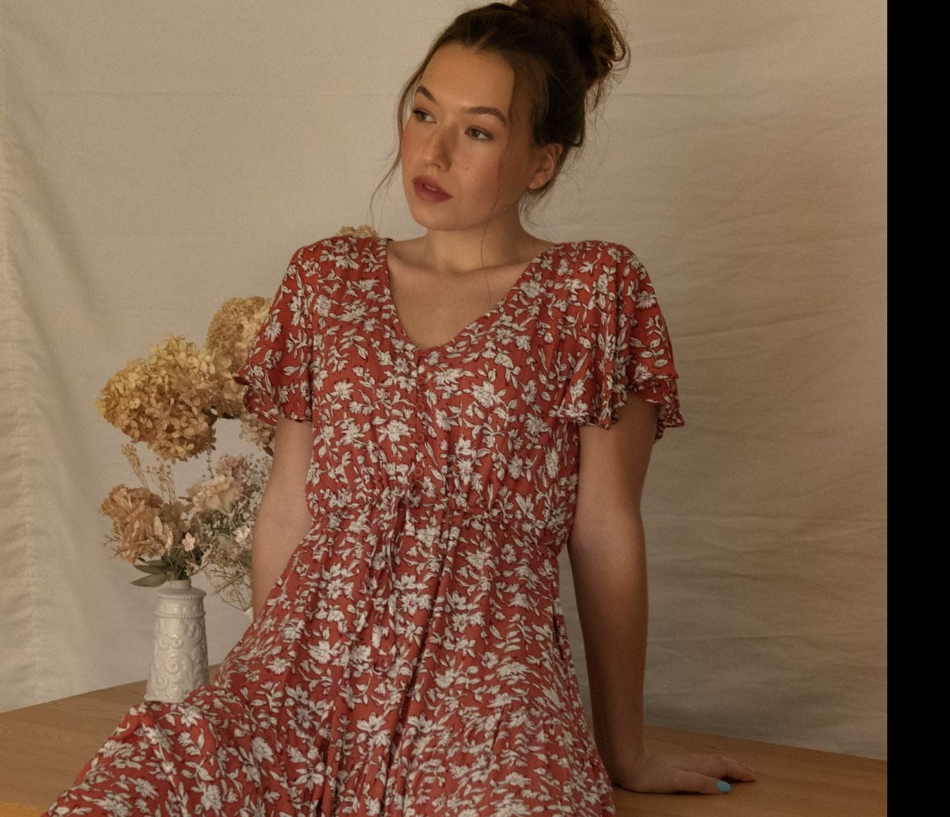 Lysandre Midi Dress Floral Print Rust - 100% Viscose (Sizes: XS-1X) (Sale Price: $68.85 CAD)