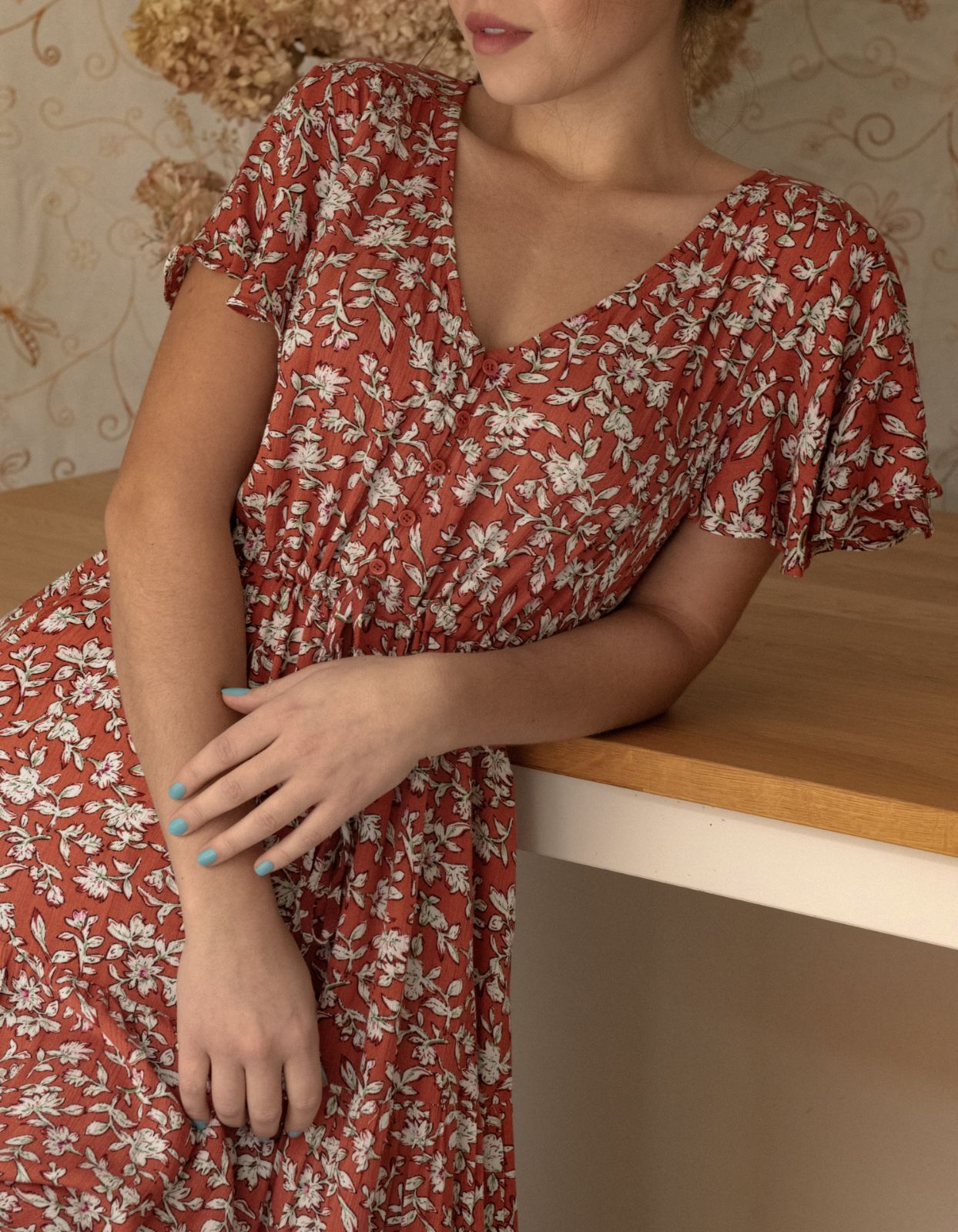 Lysandre Midi Dress Floral Print Rust - 100% Viscose (Sizes: XS-1X) (Sale Price: $68.85 CAD)
