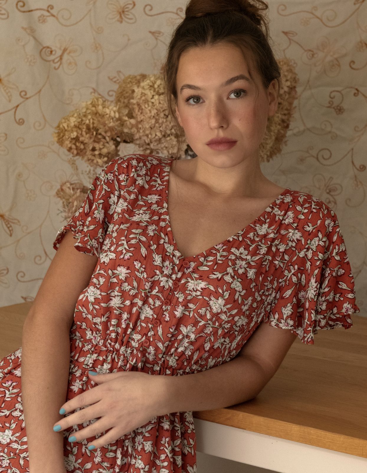 Lysandre Midi Dress Floral Print Rust - 100% Viscose (Sizes: XS-1X) (Sale Price: $68.85 CAD)