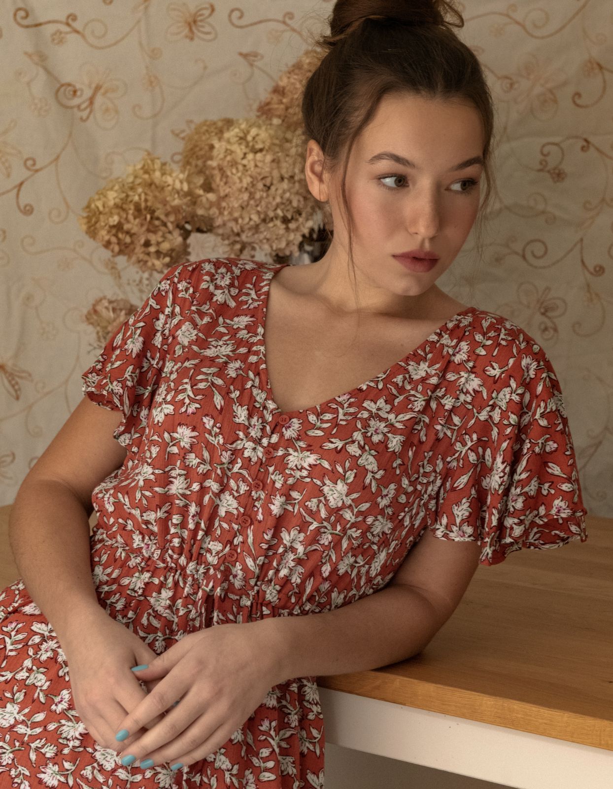 Lysandre Midi Dress Floral Print Rust - 100% Viscose (Sizes: XS-1X) (Sale Price: $68.85 CAD)