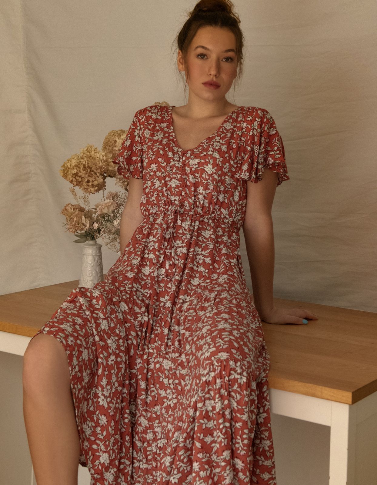 Lysandre Midi Dress Floral Print Rust - 100% Viscose (Sizes: XS-1X) (Sale Price: $68.85 CAD)