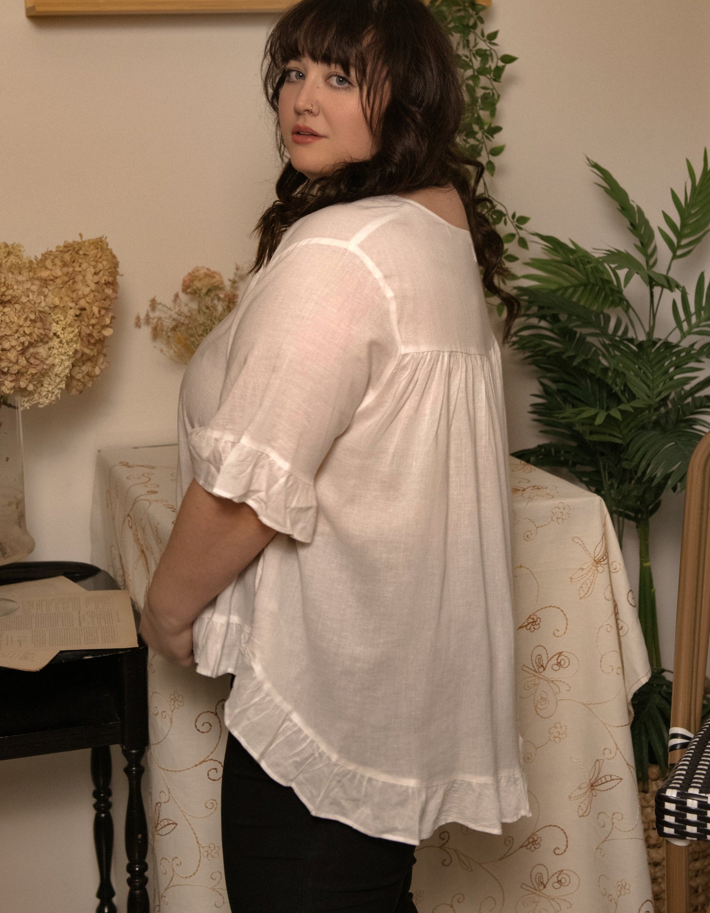 Mylene Top Relaxed Linen Blend Frilled High Low Hem - Viscose/Linen (Sizes: XS - 2XL) (Sale Price: $56.94 CAD)