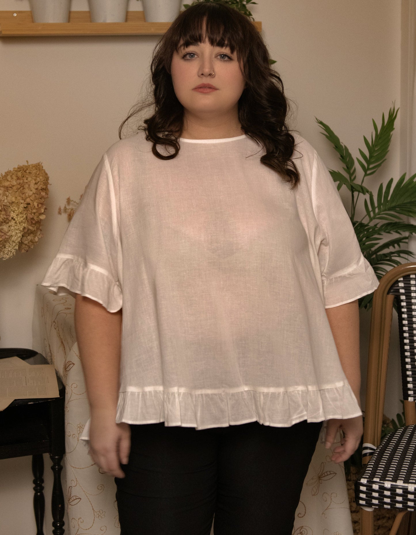 Mylene Top Relaxed Linen Blend Frilled High Low Hem - Viscose/Linen (Sizes: XS - 2XL) (Sale Price: $56.94 CAD)