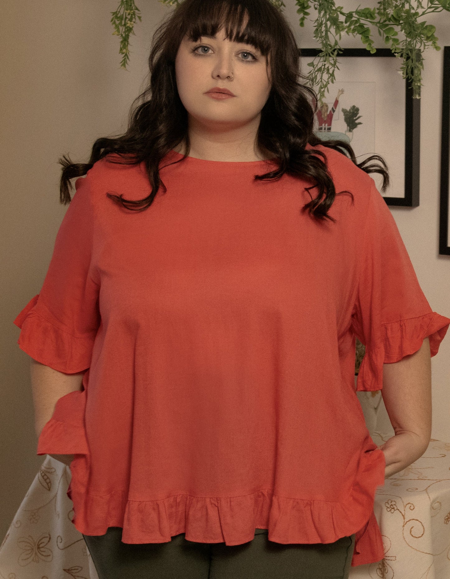 Mylene Top Relaxed Linen Blend Frilled High Low Hem - Viscose/Linen (Sizes: XS - 2XL) (Sale Price: $56.94 CAD)