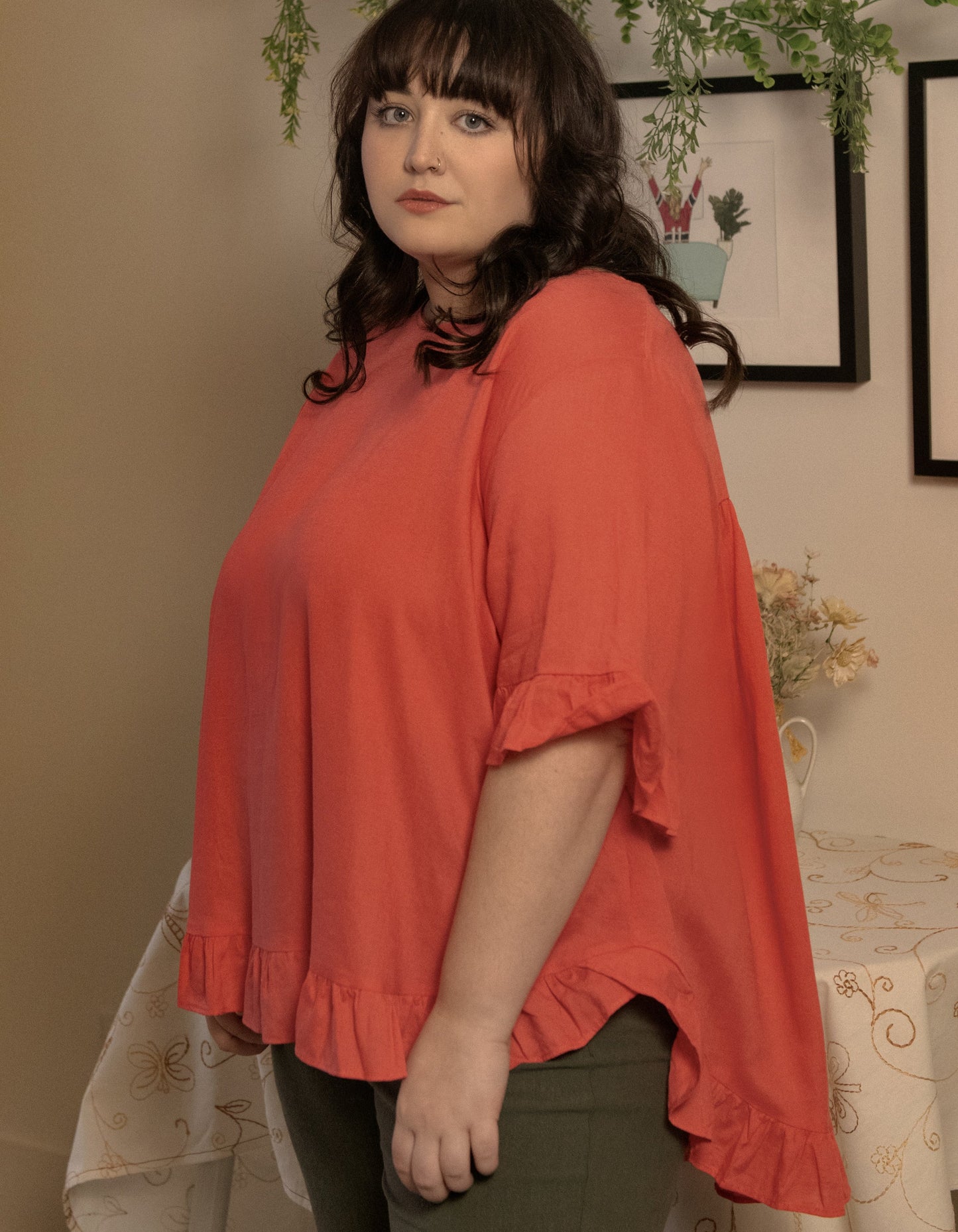 Mylene Top Relaxed Linen Blend Frilled High Low Hem - Viscose/Linen (Sizes: XS - 2XL) (Sale Price: $56.94 CAD)