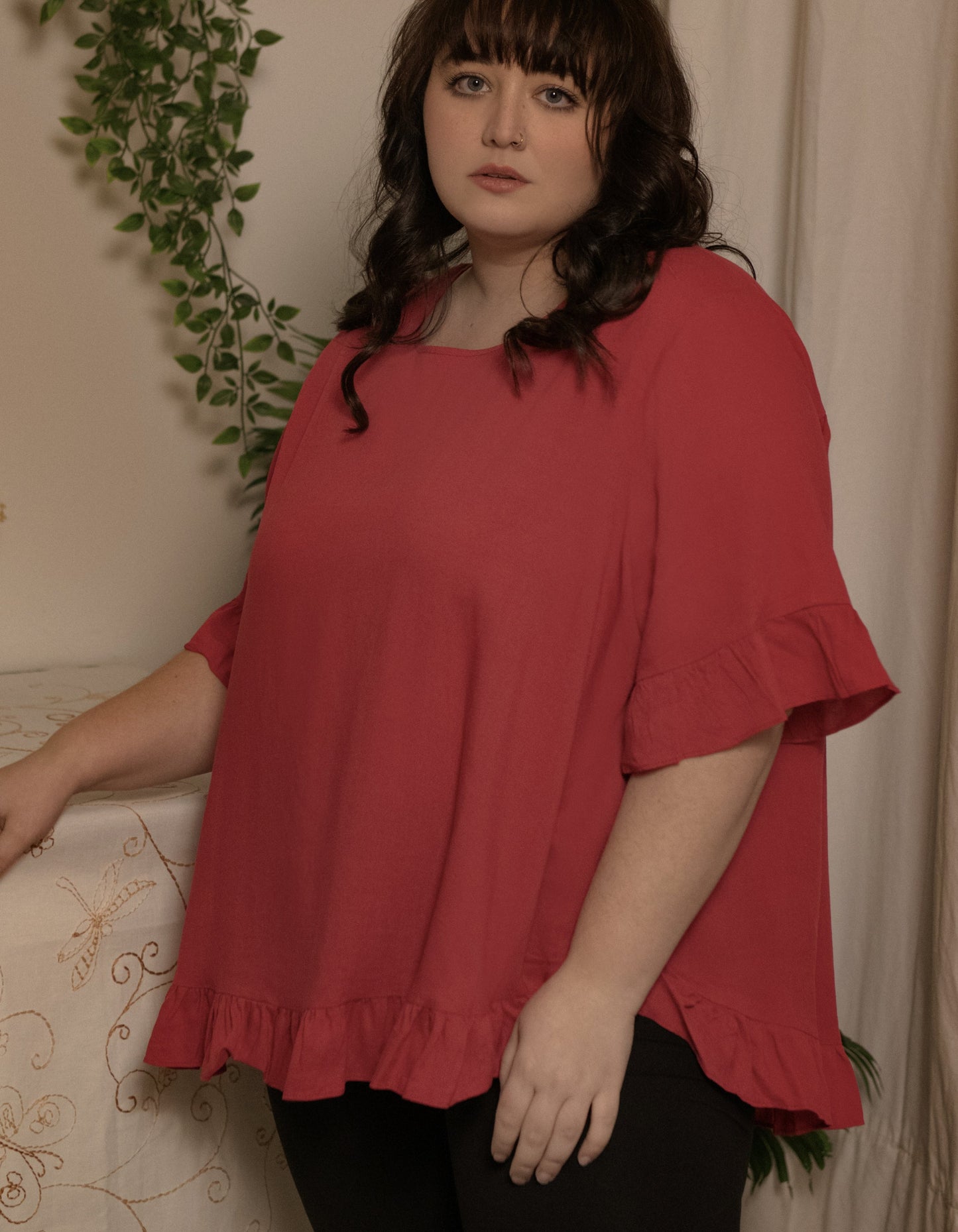 Mylene Top Relaxed Linen Blend Frilled High Low Hem - Viscose/Linen (Sizes: XS - 2XL) (Sale Price: $56.94 CAD)