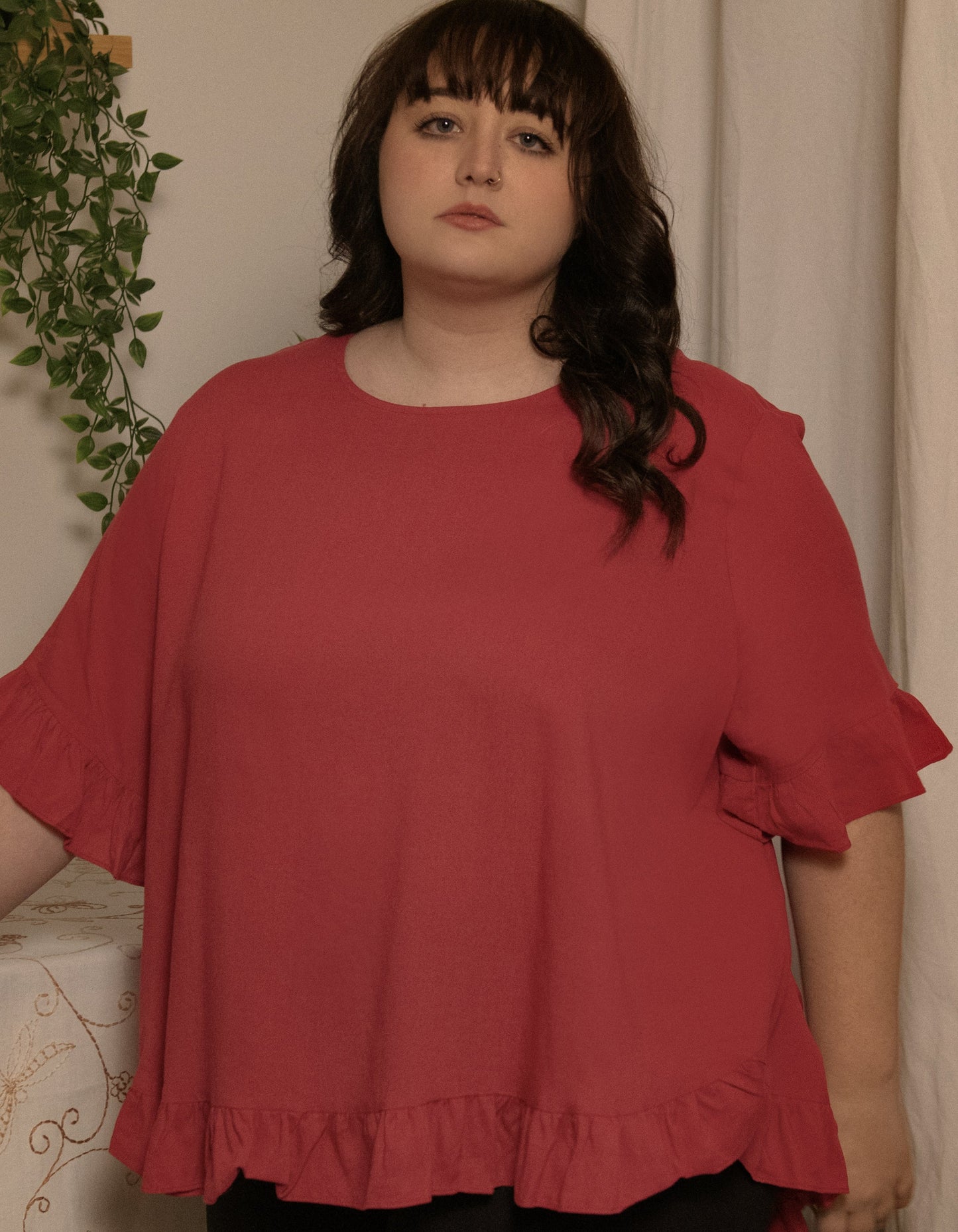 Mylene Top Relaxed Linen Blend Frilled High Low Hem - Viscose/Linen (Sizes: XS - 2XL) (Sale Price: $56.94 CAD)