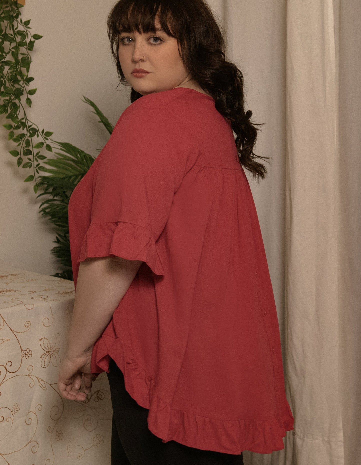 Mylene Top Relaxed Linen Blend Frilled High Low Hem - Viscose/Linen (Sizes: XS - 2XL) (Sale Price: $56.94 CAD)