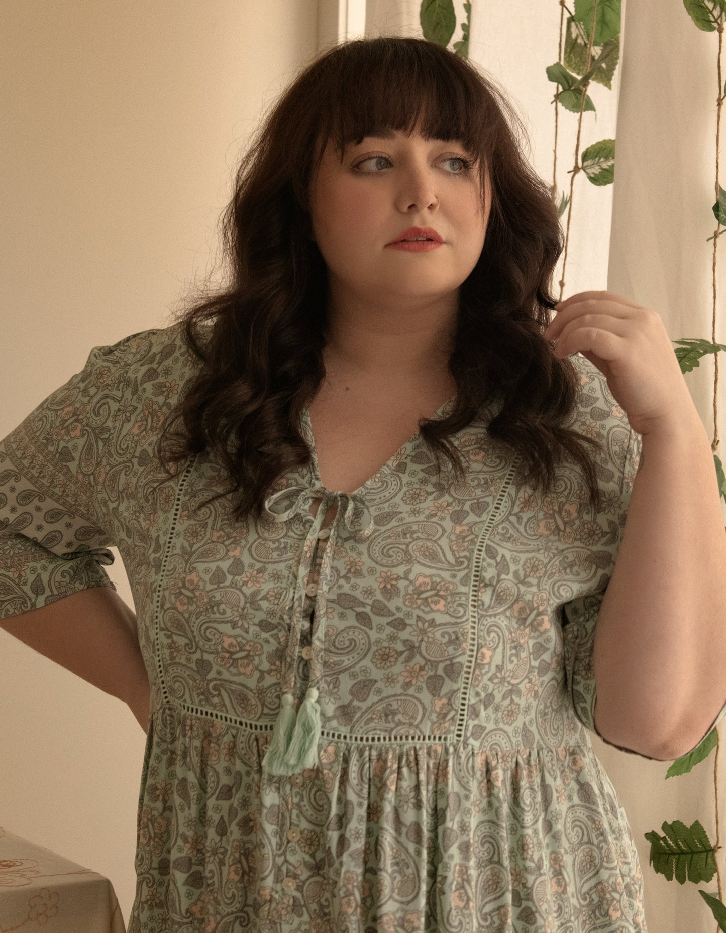 Nelly Dress A-line Bohemian Print Tassels with Mother of Pearl Buttons - Green (Sizes: XS-1X)