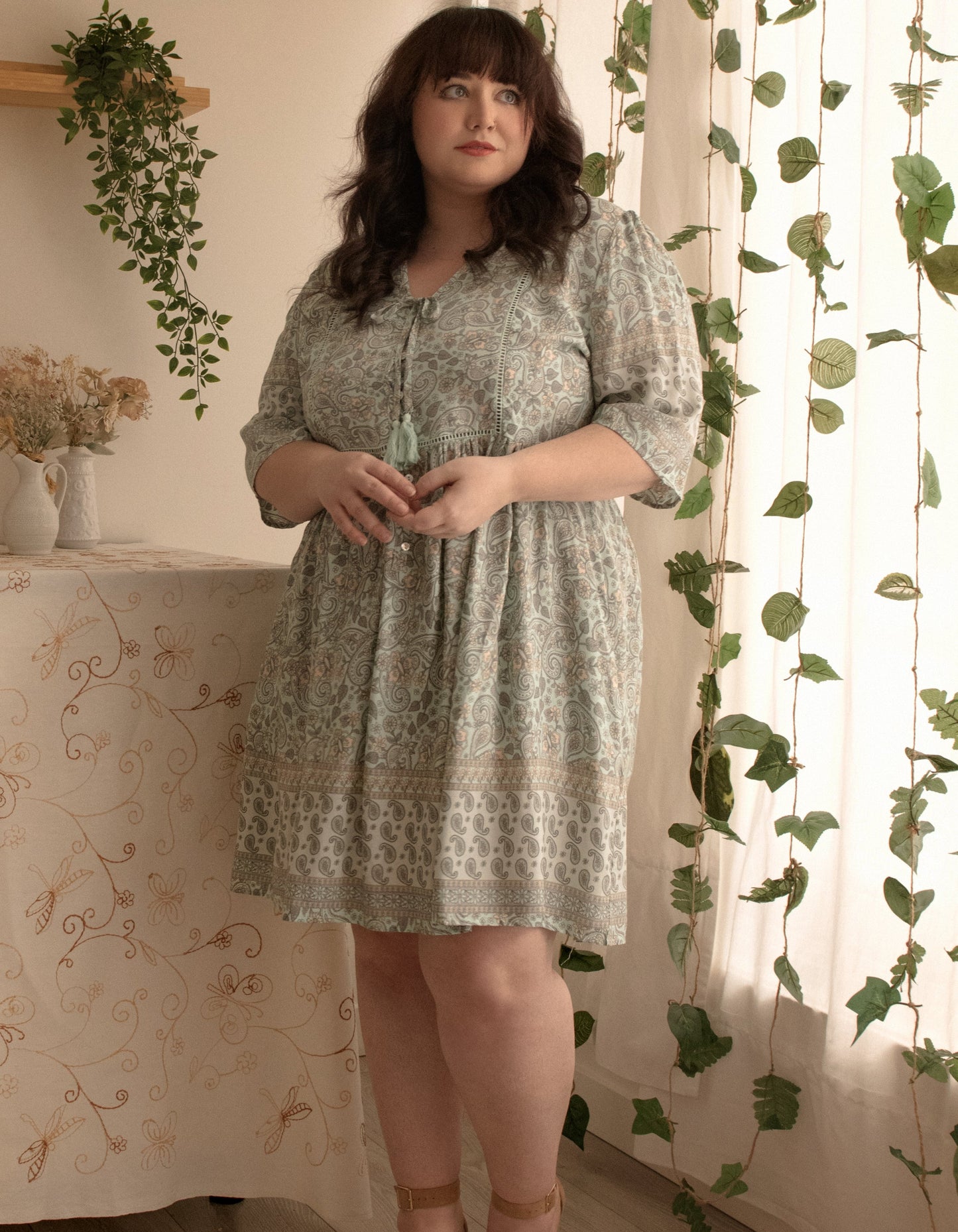 Nelly Dress A-line Bohemian Print Tassels with Mother of Pearl Buttons - Green (Sizes: XS-1X)