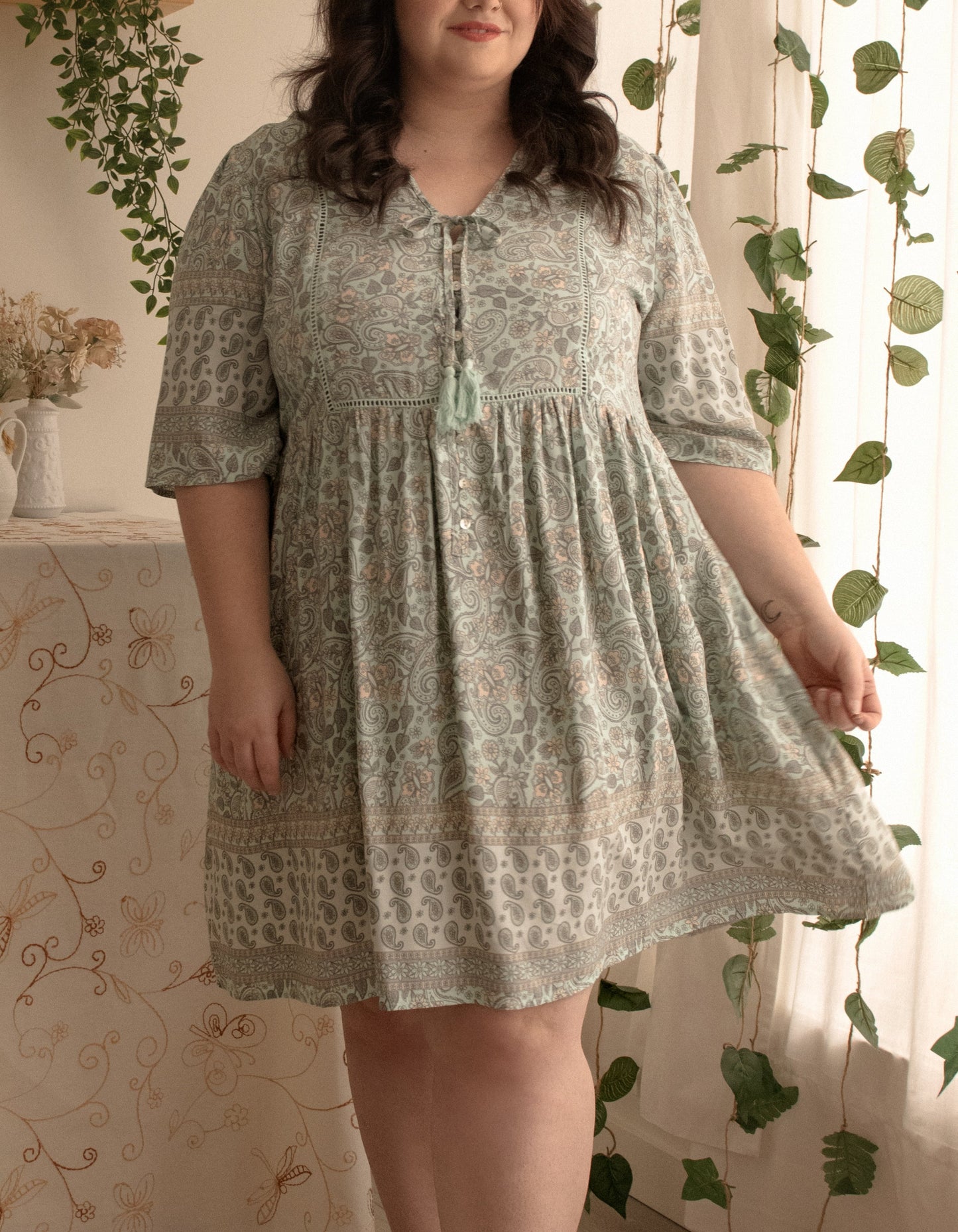 Nelly Dress A-line Bohemian Print Tassels with Mother of Pearl Buttons - Green (Sizes: XS-1X)