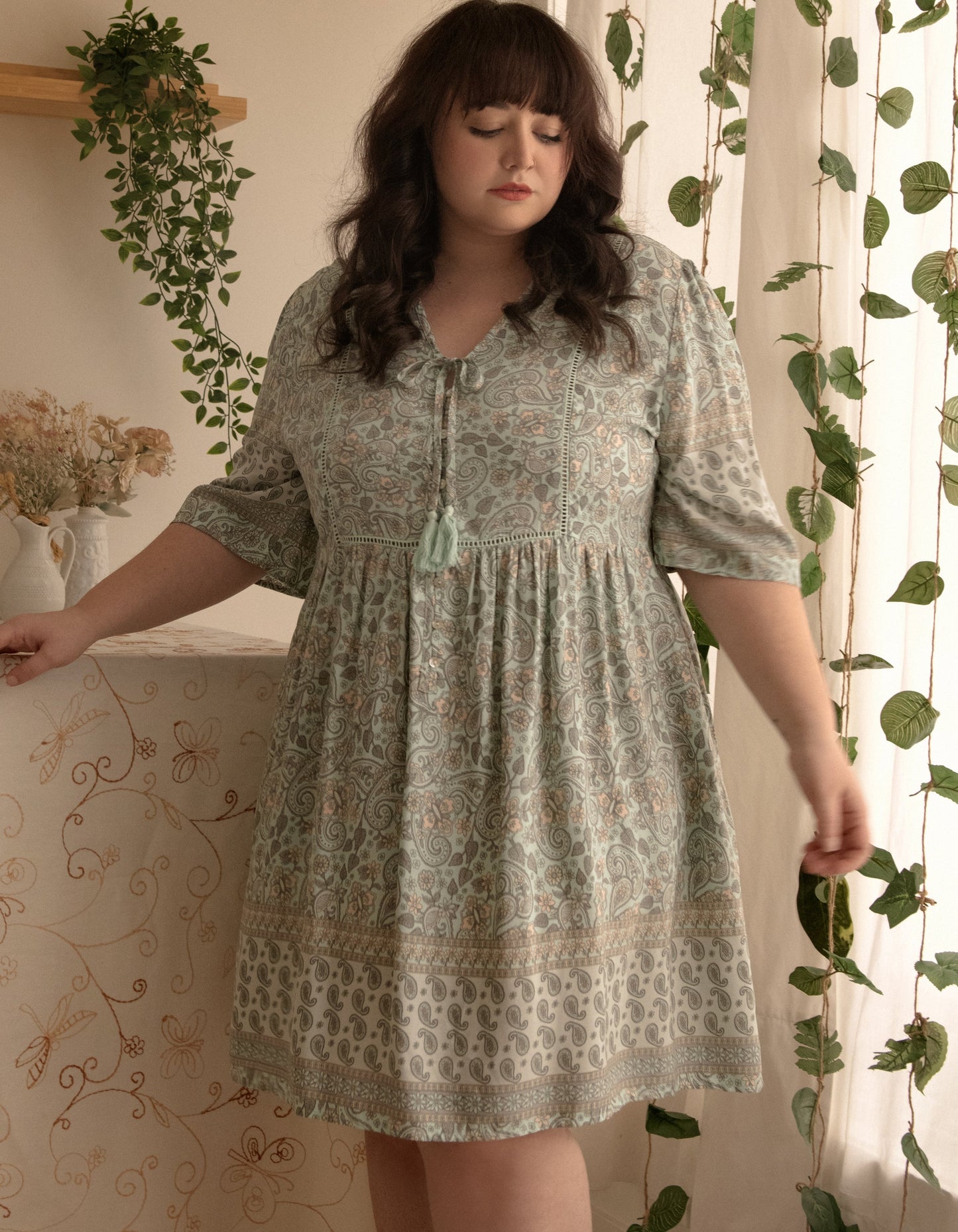 Nelly Dress A-line Bohemian Print Tassels with Mother of Pearl Buttons - Green (Sizes: XS-1X)
