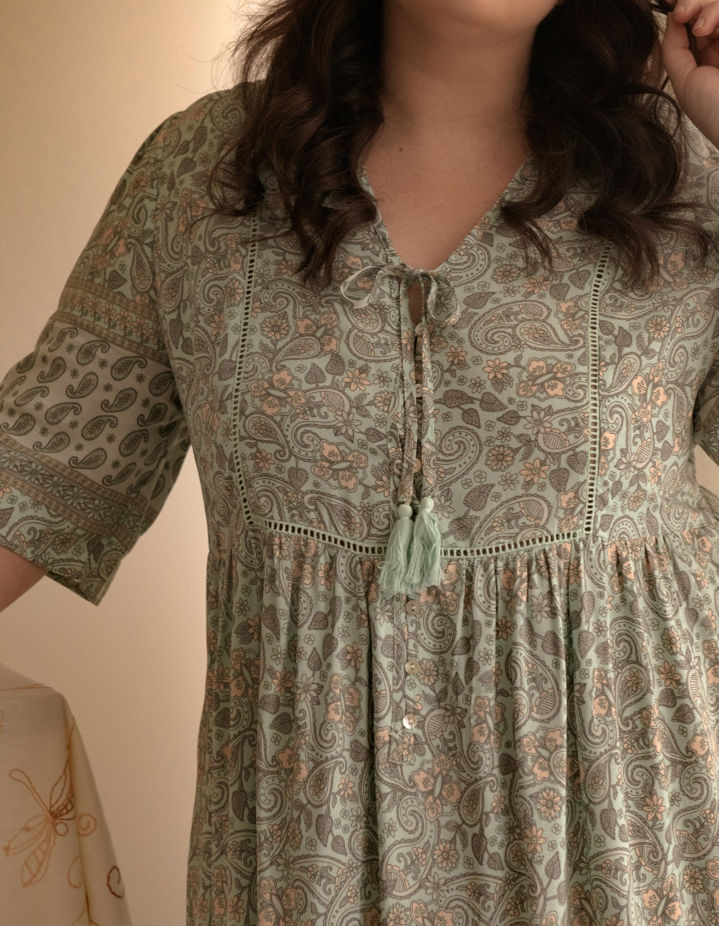 Nelly Dress A-line Bohemian Print Tassels with Mother of Pearl Buttons - Green (Sizes: XS-1X)