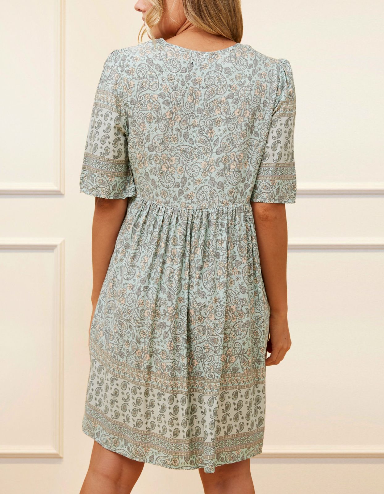 Nelly Dress A-line Bohemian Print Tassels with Mother of Pearl Buttons - Green (Sizes: XS-1X)