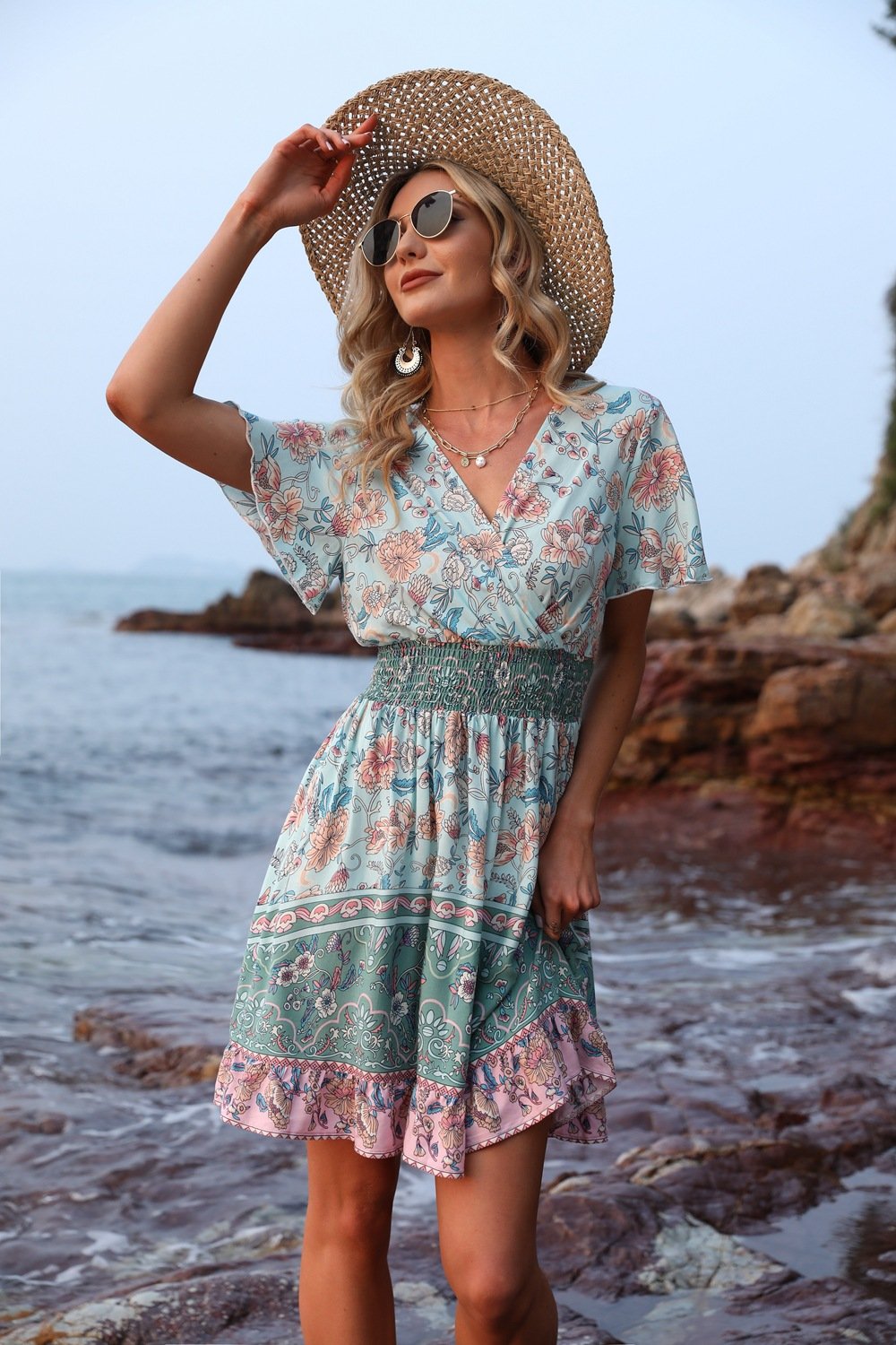 Floral Print Butterfly Sleeve Boho Dress (Green/Apricot) (Sizes: S-XL)