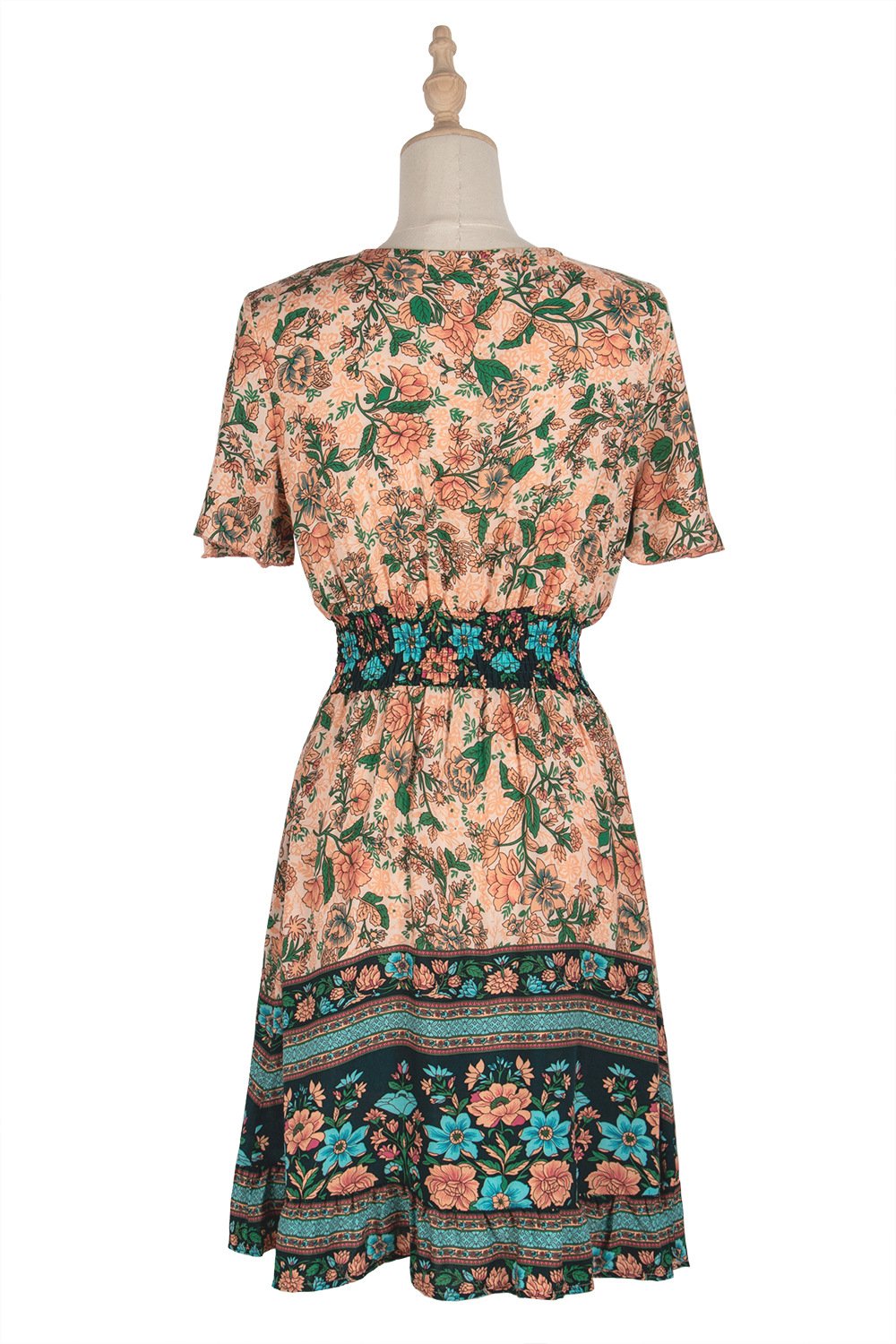 Floral Print Butterfly Sleeve Boho Dress (Green/Apricot) (Sizes: S-XL)