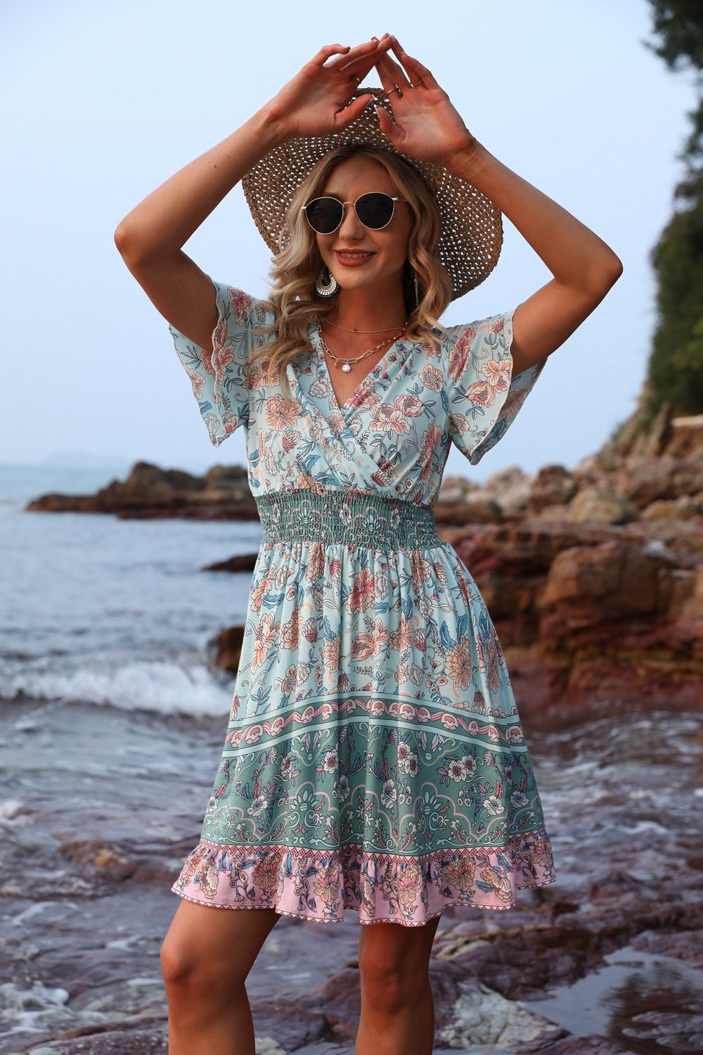Floral Print Butterfly Sleeve Boho Dress (Green/Apricot) (Sizes: S-XL)